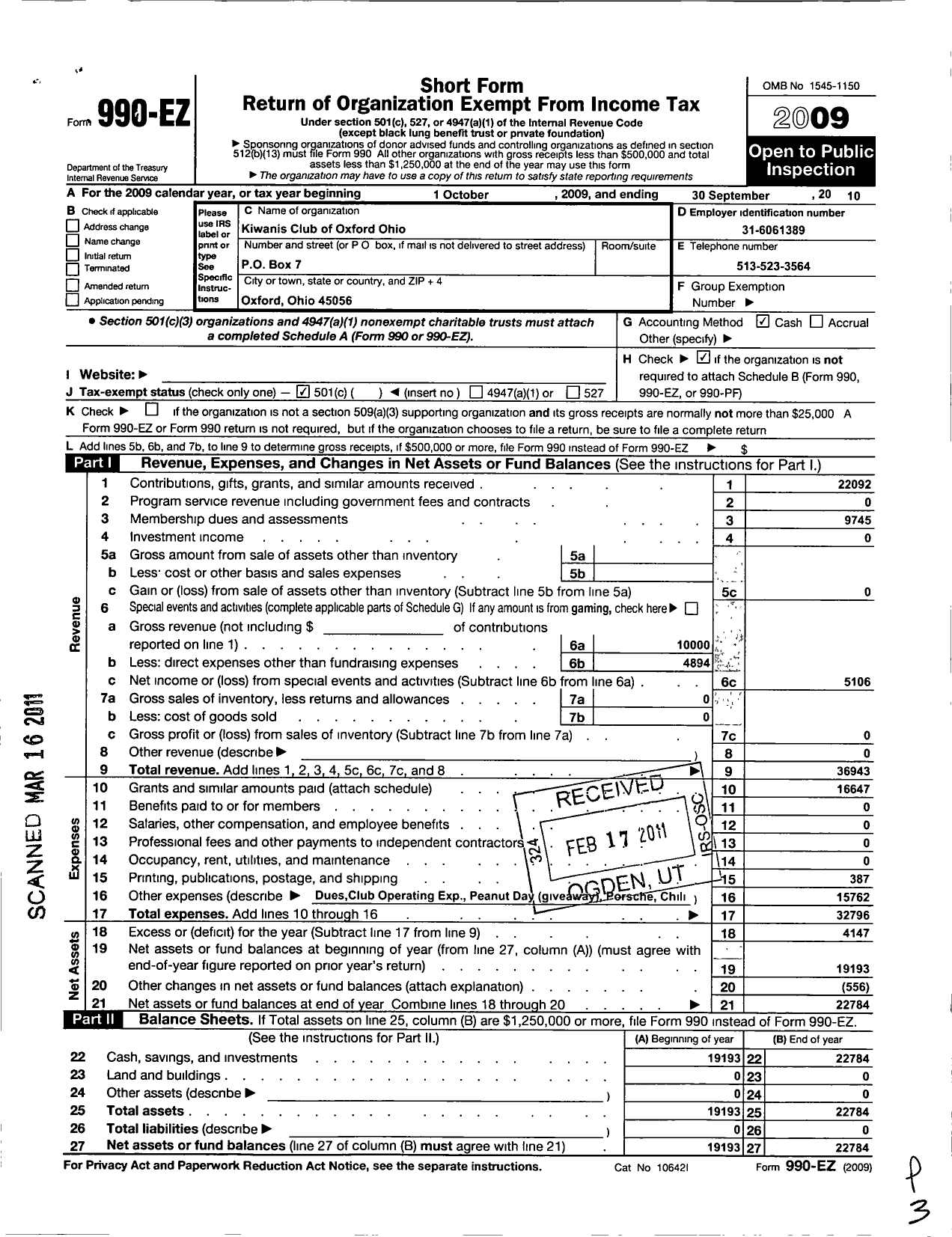 Image of first page of 2009 Form 990EO for Kiwanis International - K01501 Oxford