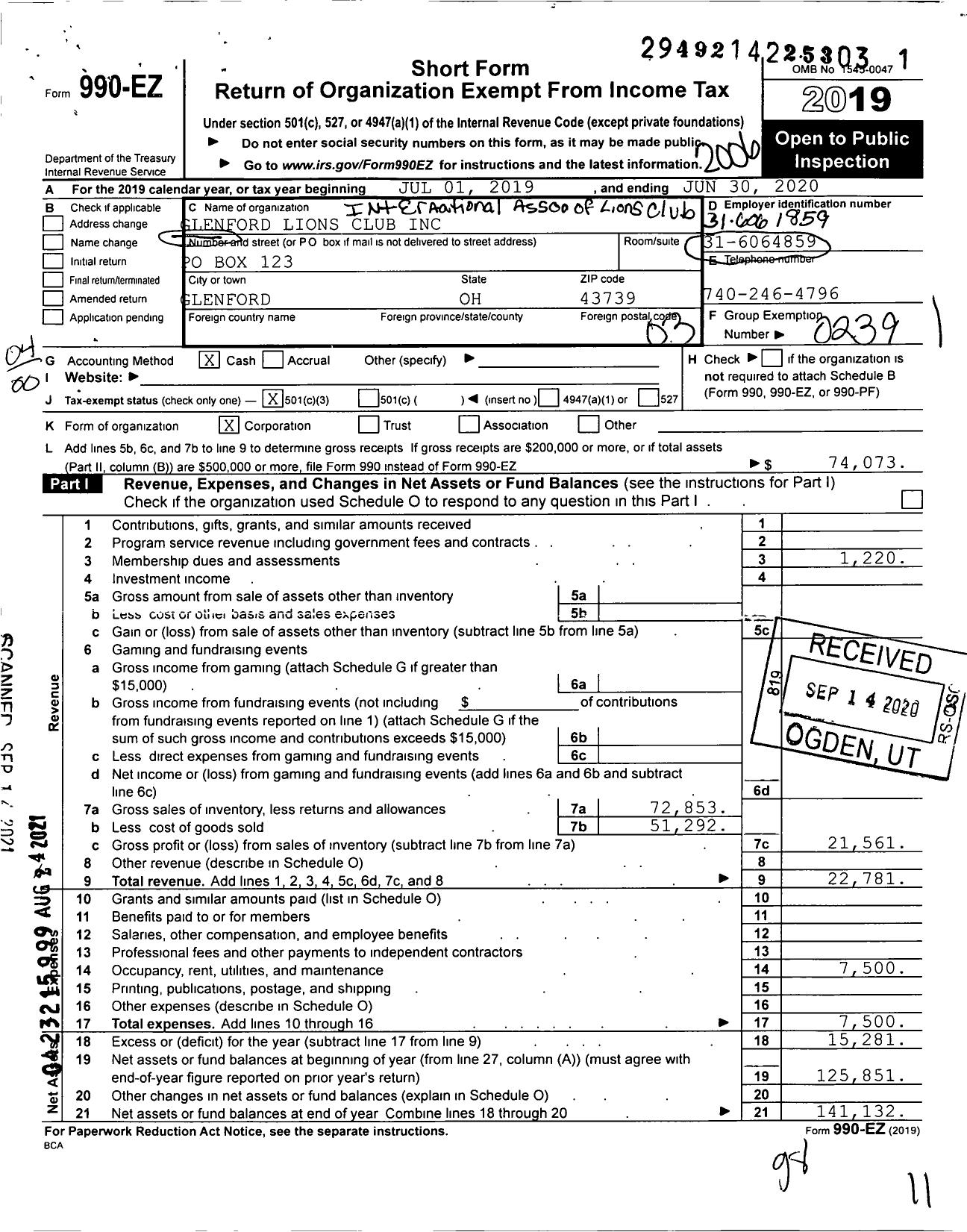 Image of first page of 2019 Form 990EO for Lions Clubs - 5621 Glenford