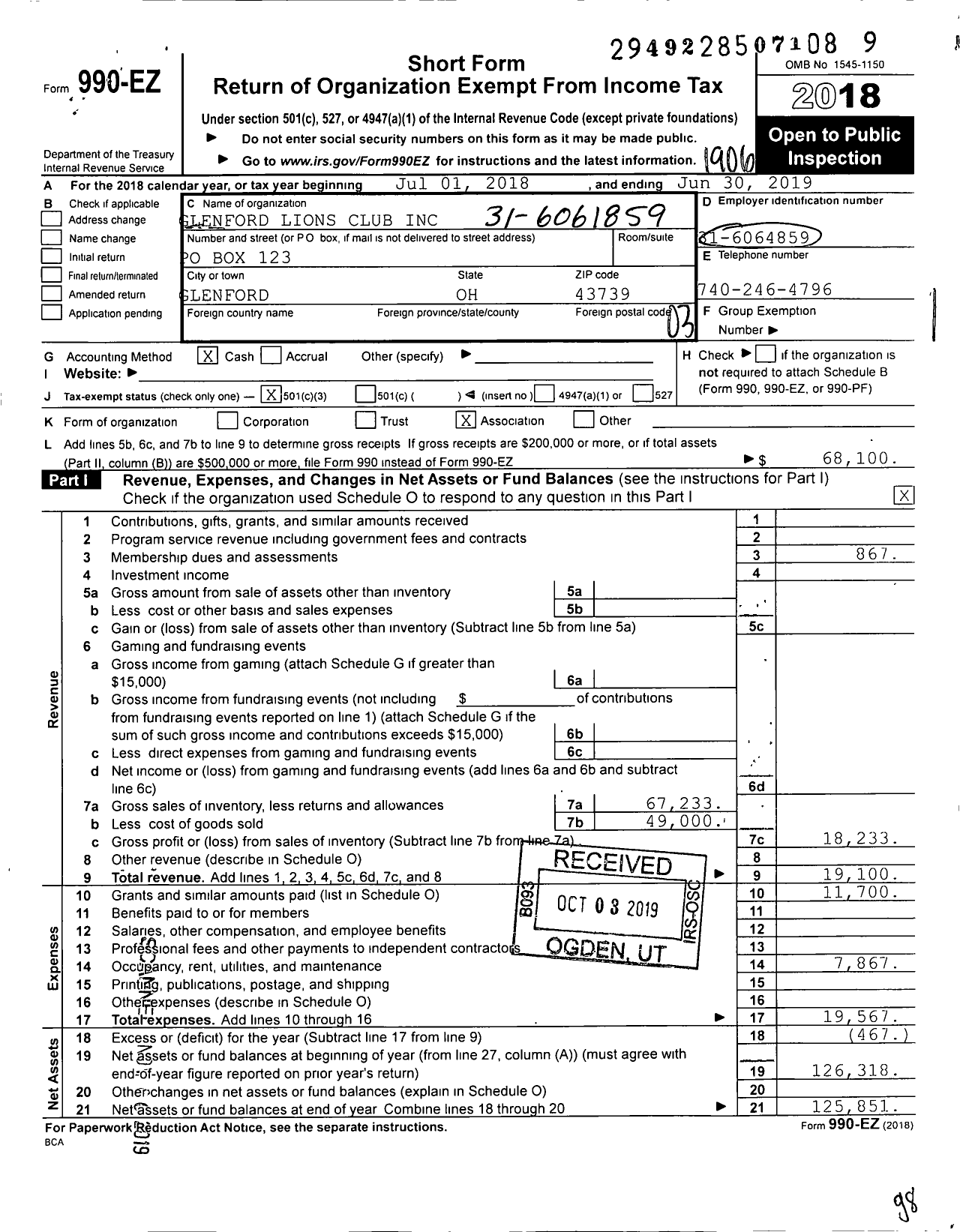 Image of first page of 2018 Form 990EZ for Lions Clubs - 5621 Glenford