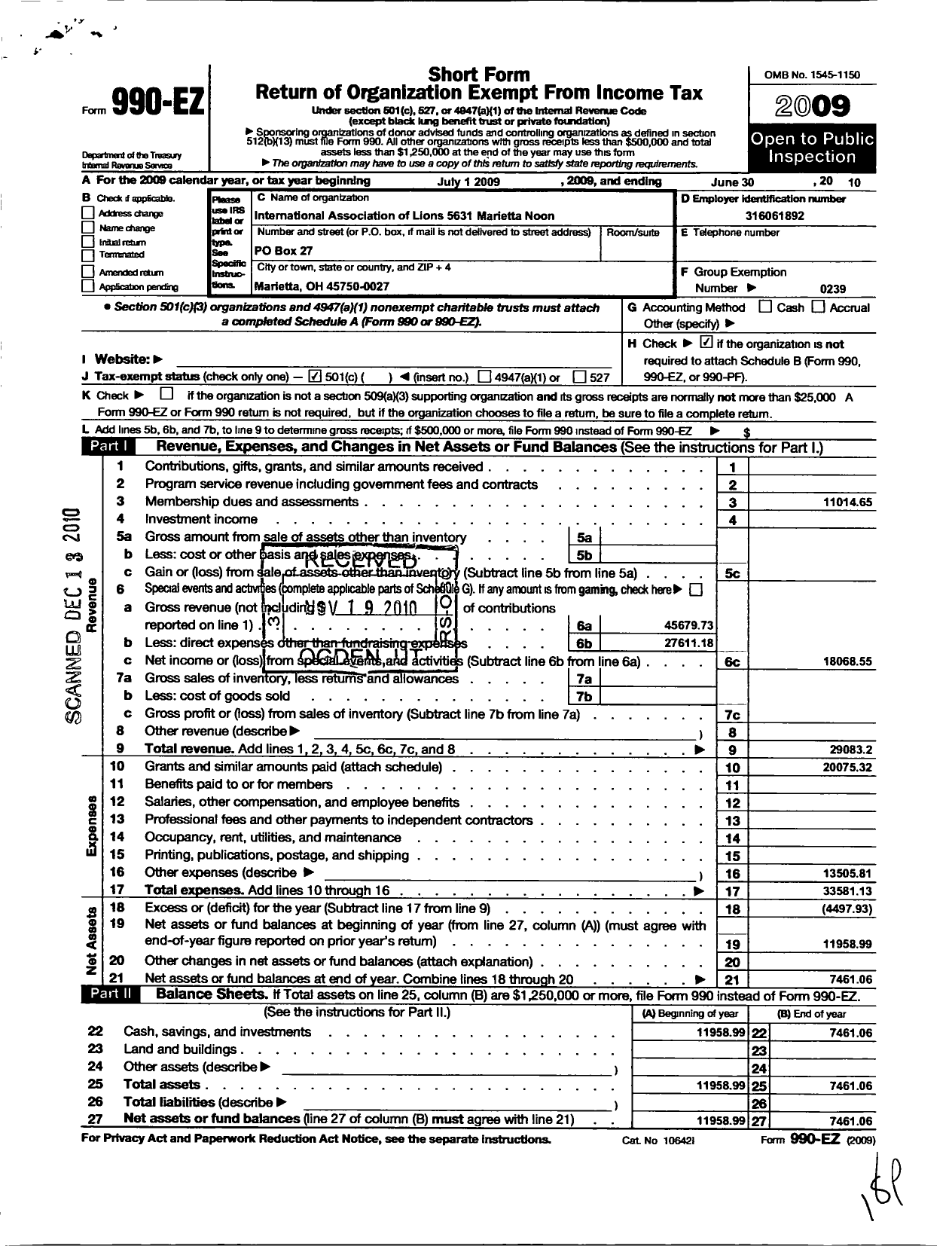 Image of first page of 2009 Form 990EO for Marietta Noon Lions