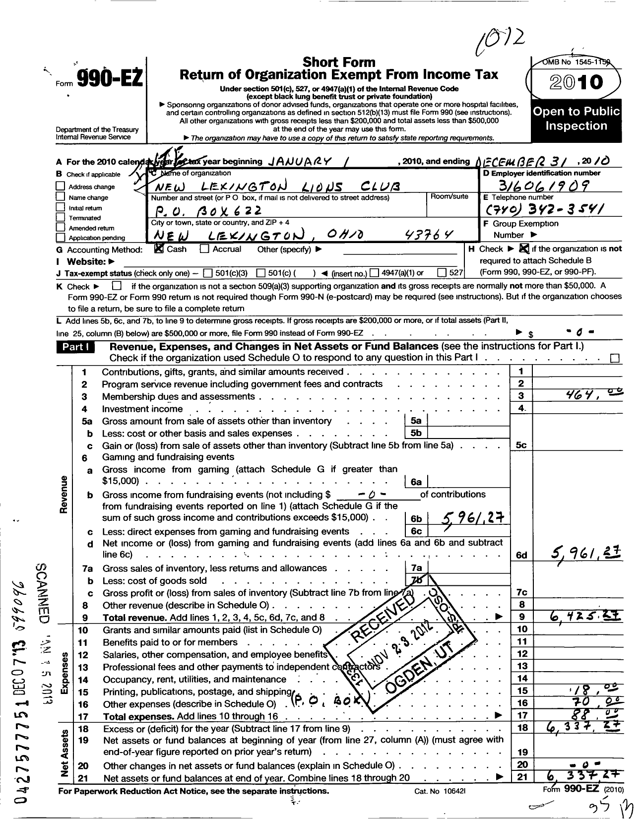Image of first page of 2010 Form 990EO for Lions Clubs - 5639 New Lexington
