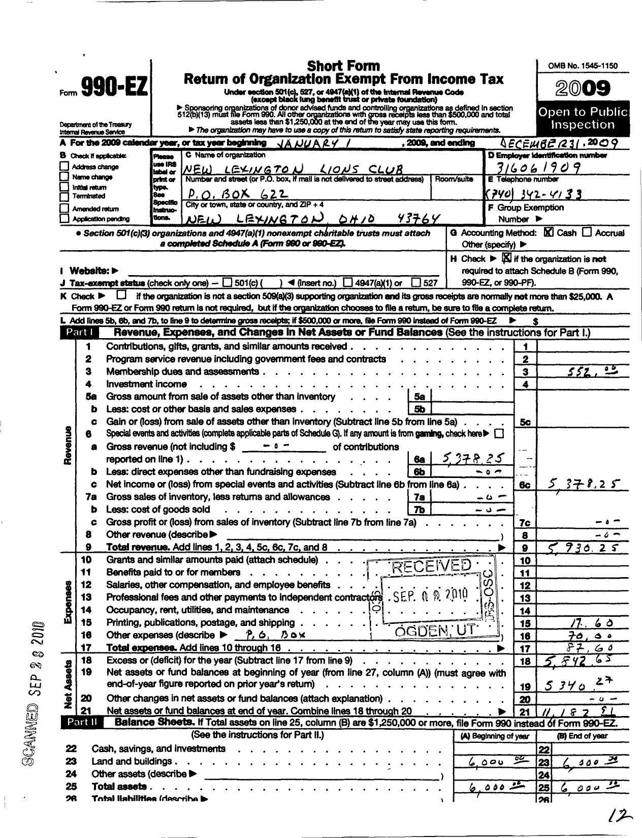 Image of first page of 2009 Form 990EO for Lions Clubs - 5639 New Lexington