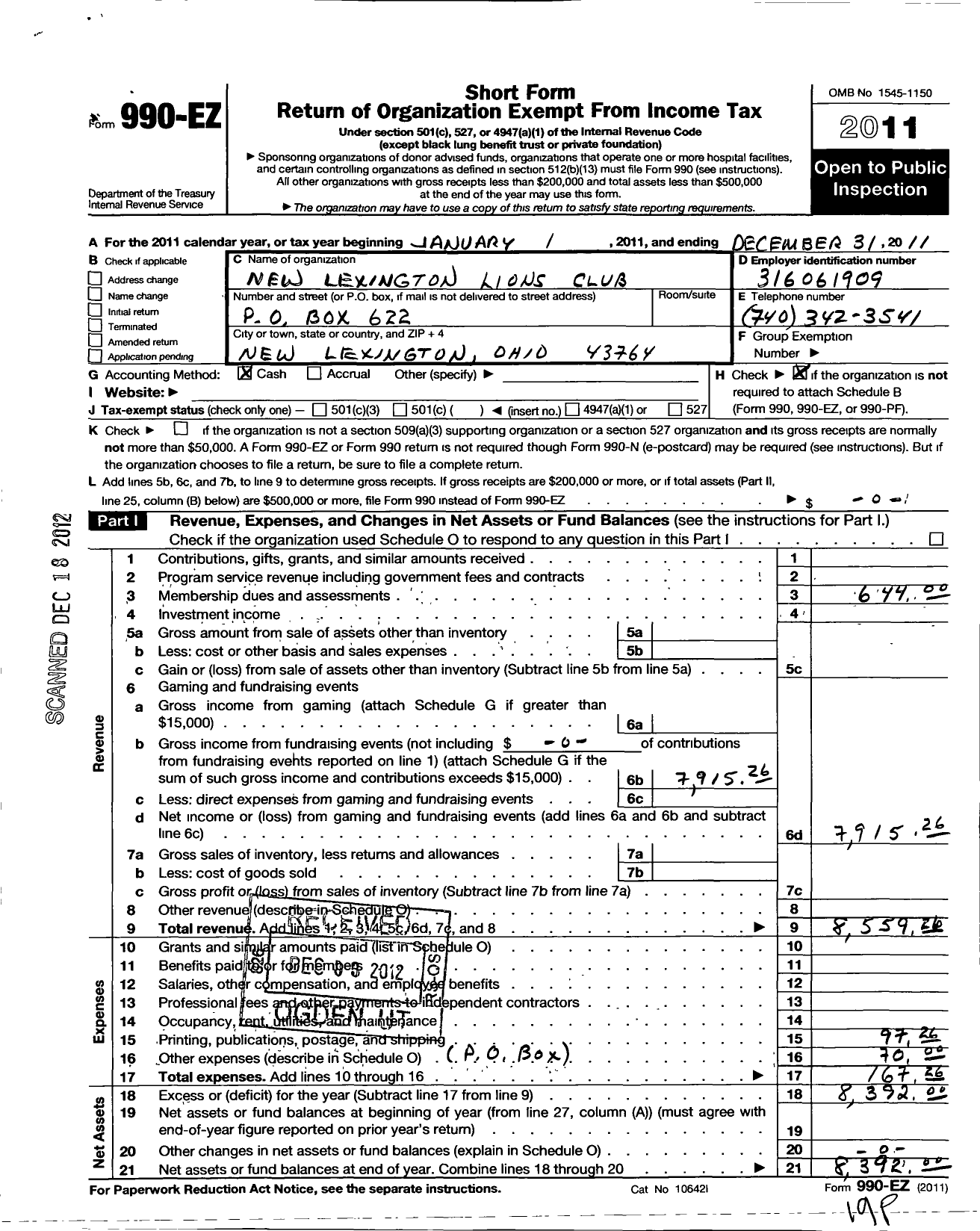 Image of first page of 2011 Form 990EO for Lions Clubs - 5639 New Lexington