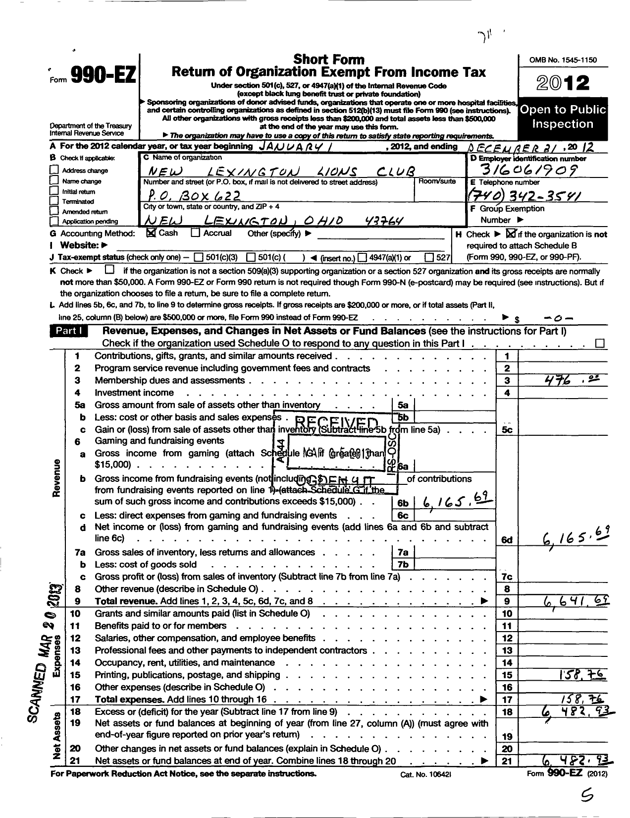 Image of first page of 2012 Form 990EO for Lions Clubs - 5639 New Lexington