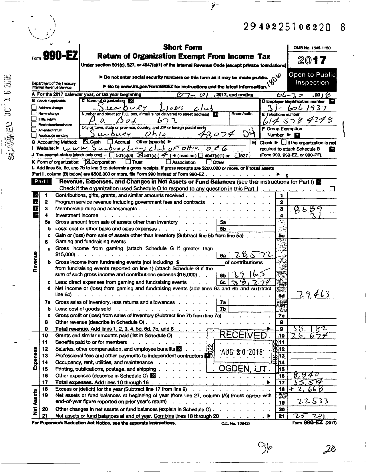 Image of first page of 2017 Form 990EO for International Association of Lions Club