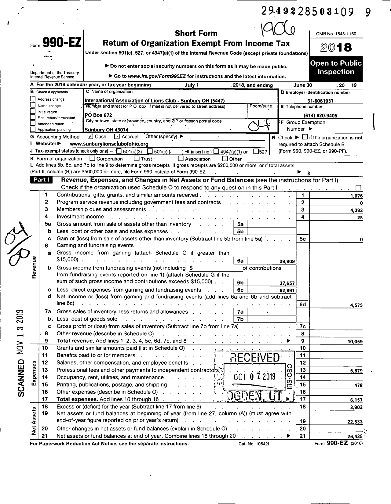 Image of first page of 2018 Form 990EO for International Association of Lions Club