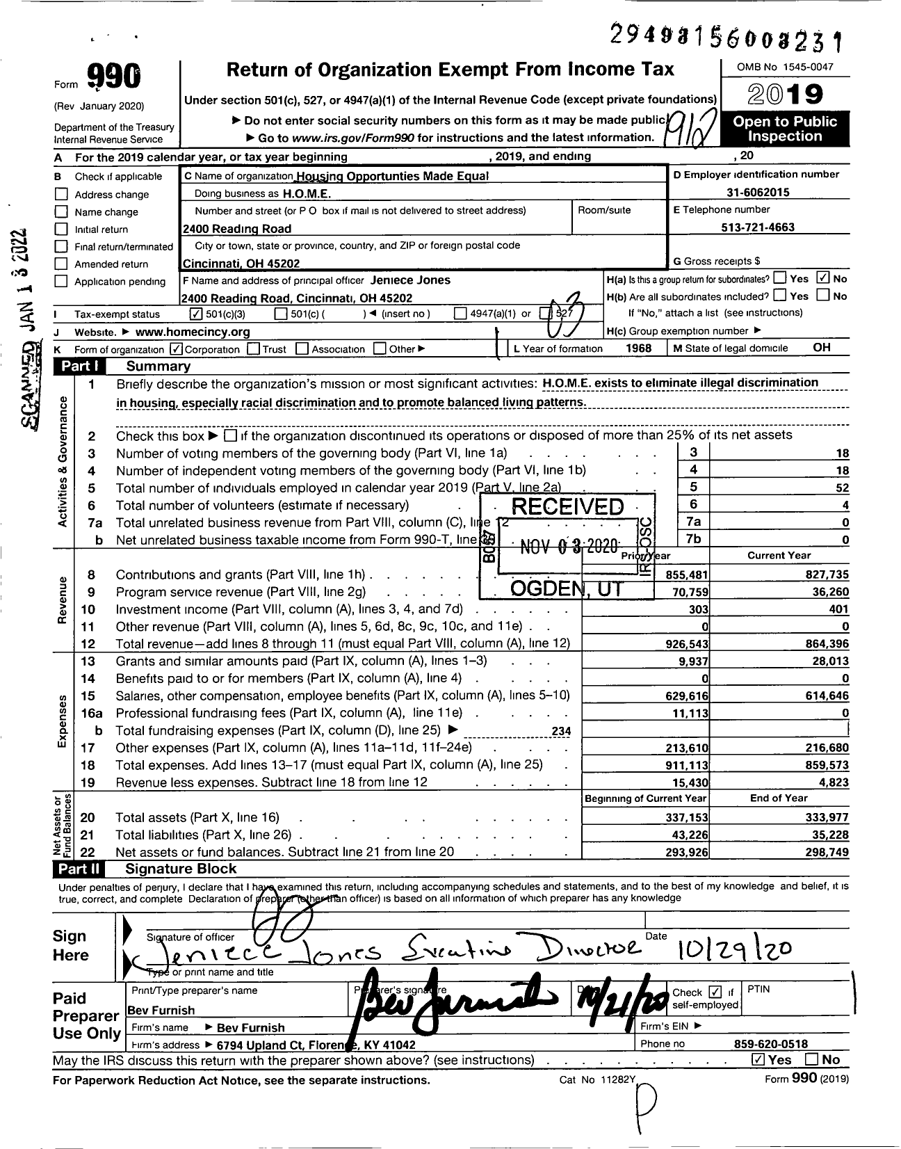 Image of first page of 2019 Form 990 for Housing Opportunities Made Equal of Greater Cincinnati