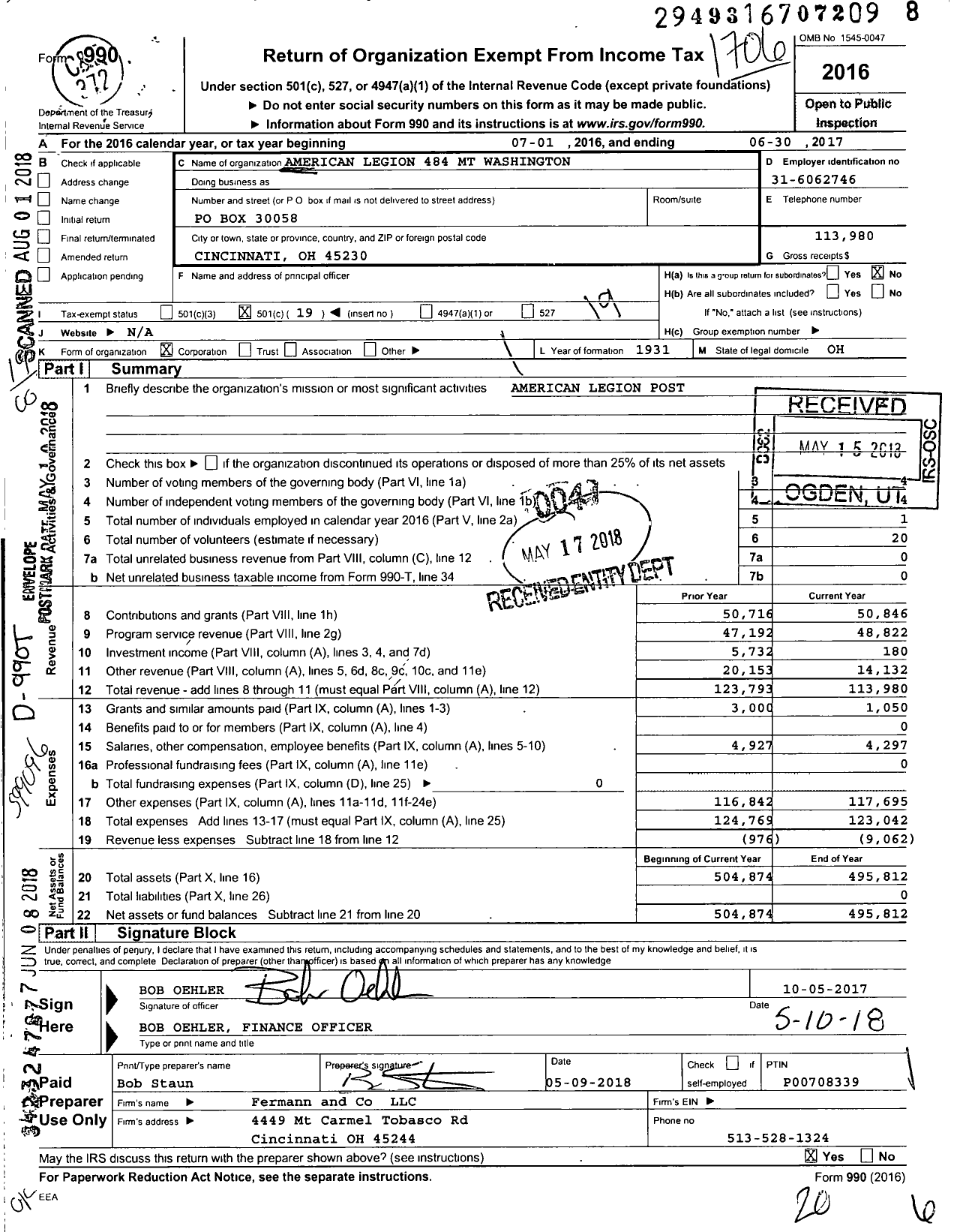 Image of first page of 2016 Form 990O for American Legion 484 MT Washington