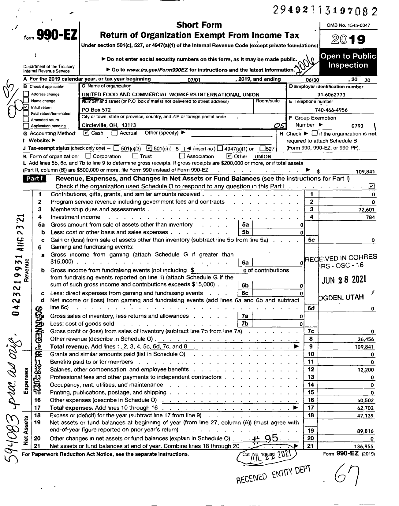 Image of first page of 2019 Form 990EO for United Food & Commercial Workers Union - 776c Local