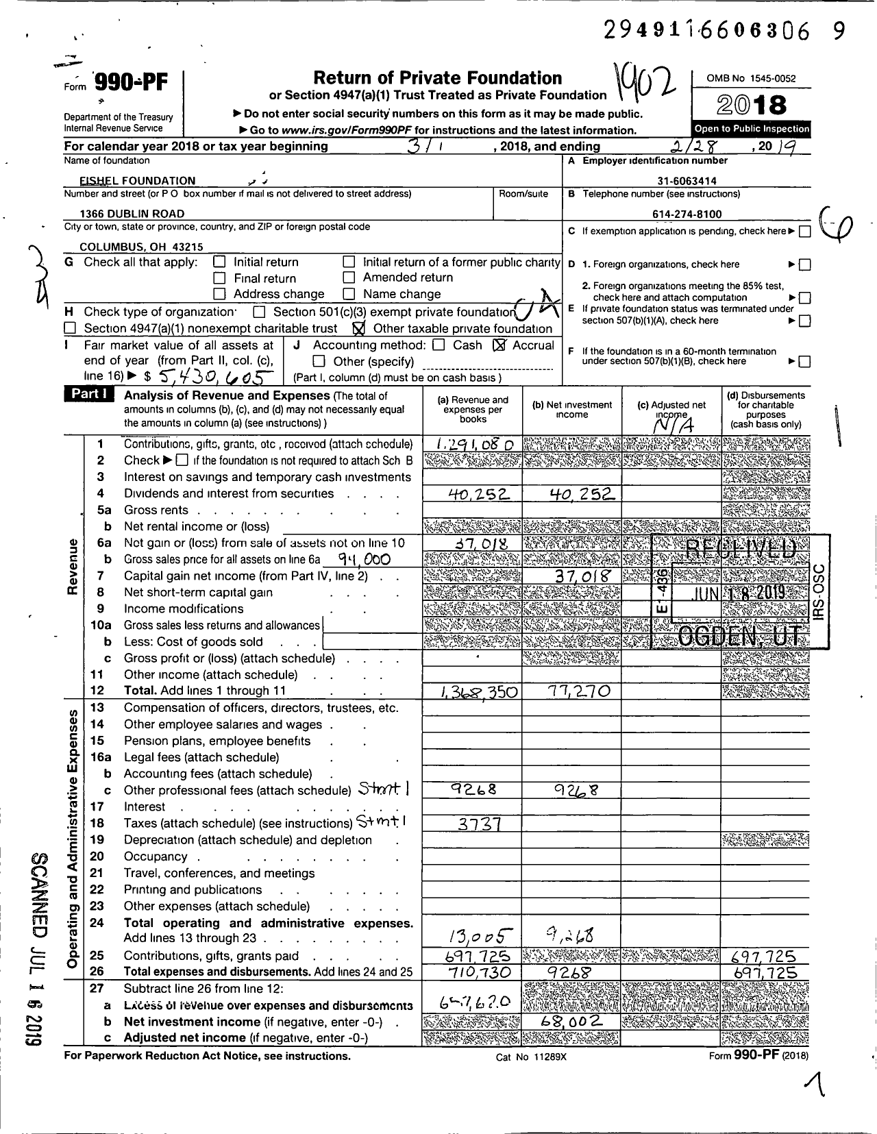 Image of first page of 2018 Form 990PF for Fishel Foundation