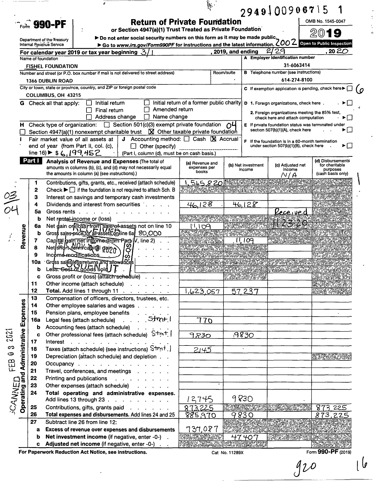 Image of first page of 2019 Form 990PF for Fishel Foundation