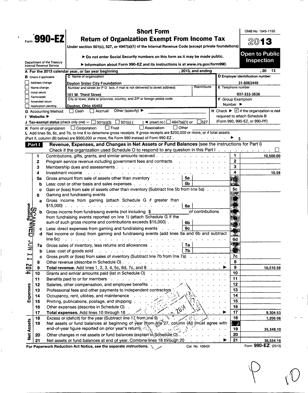 Image of first page of 2013 Form 990EO for Sister City Foundation