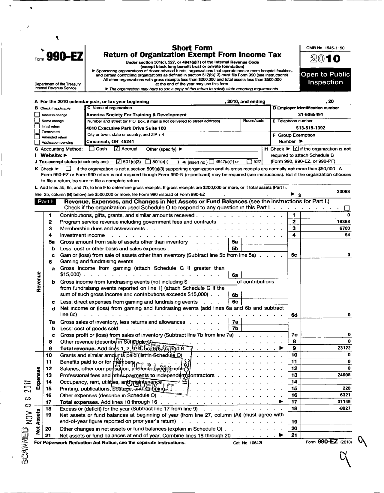 Image of first page of 2010 Form 990EZ for American Society for Training and Development / Greater Cincinnati Chapter