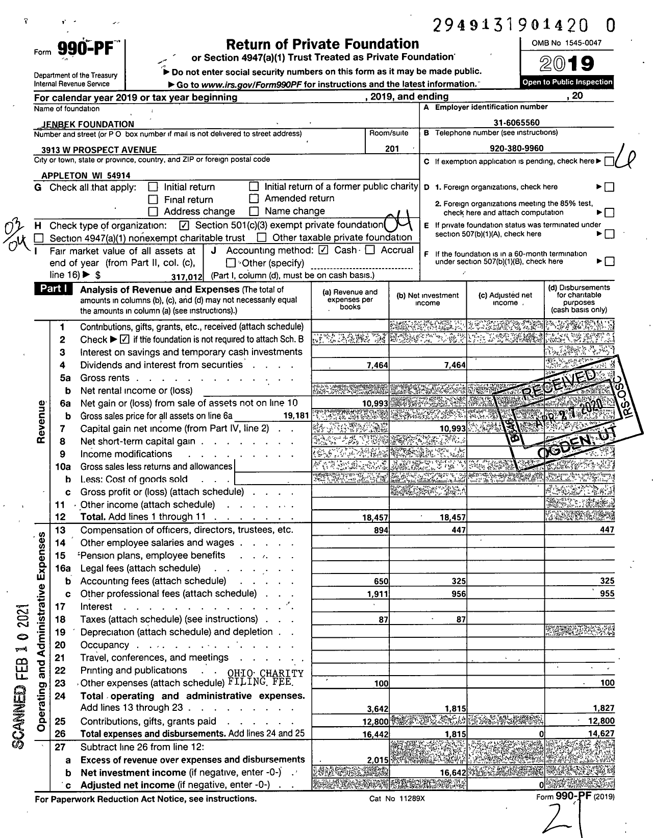 Image of first page of 2019 Form 990PF for Jenbek Foundation
