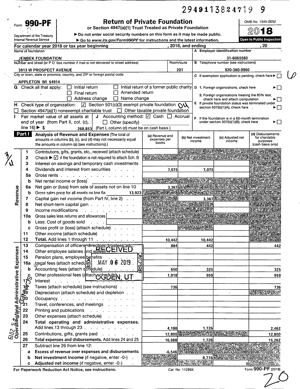 Image of first page of 2018 Form 990PF for Jenbek Foundation