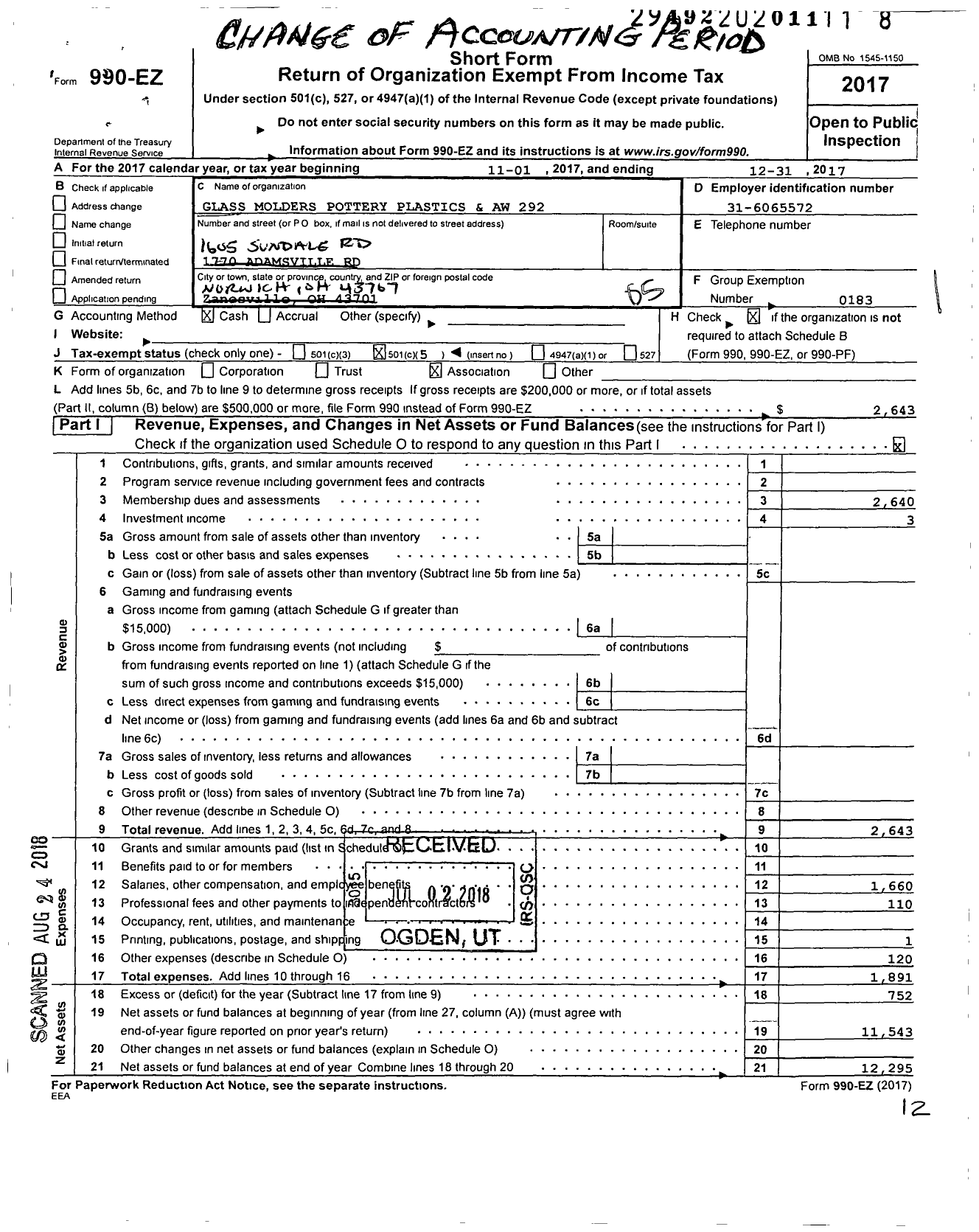 Image of first page of 2017 Form 990EO for United Steelworkers - 00292m Local