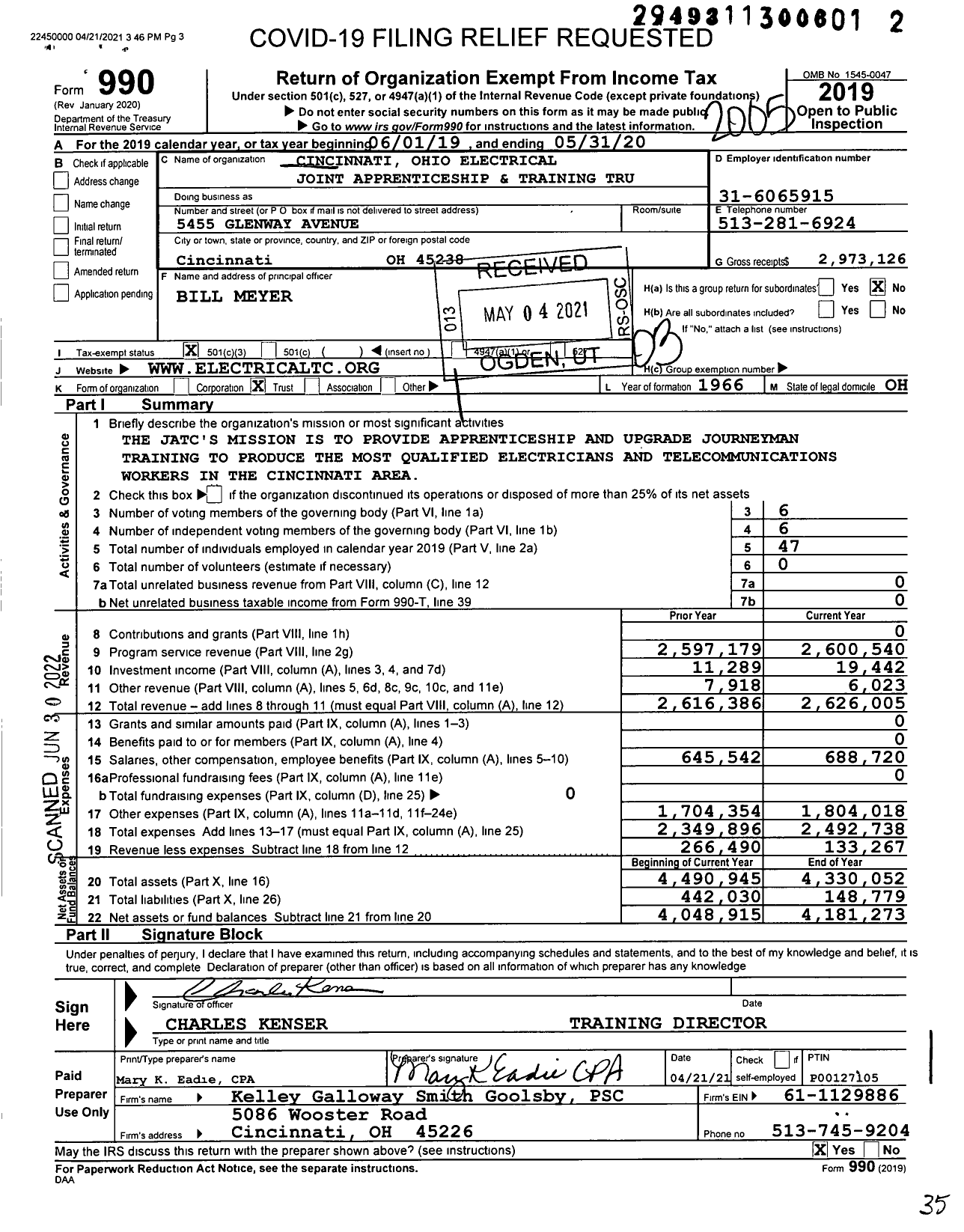 Image of first page of 2019 Form 990 for Cincinnati Ohio Electrical Joint Apprenticeship & Training Trust Fund (JATC)