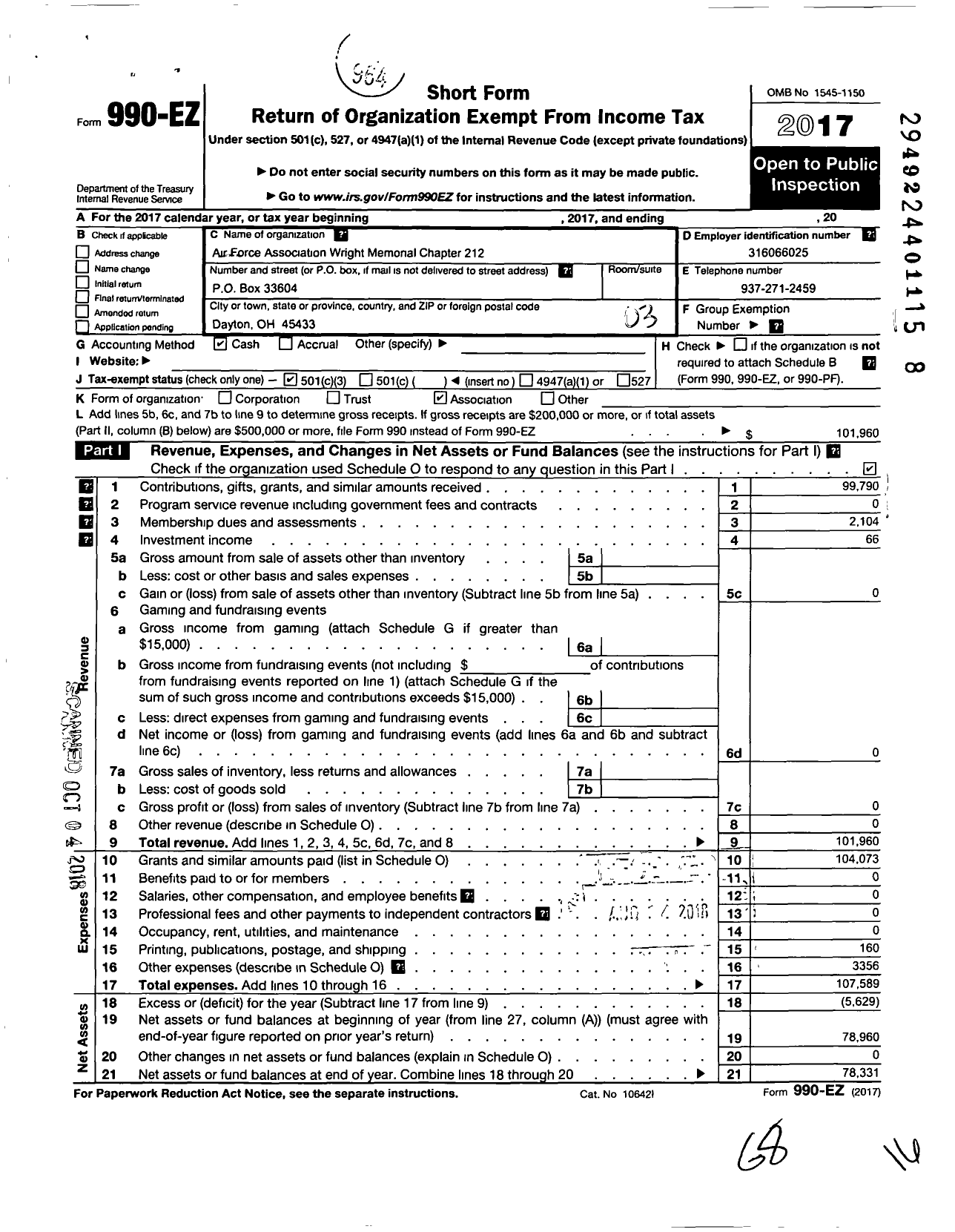 Image of first page of 2017 Form 990EZ for Air Force Association - 212 Af Wright Memorial Chapter