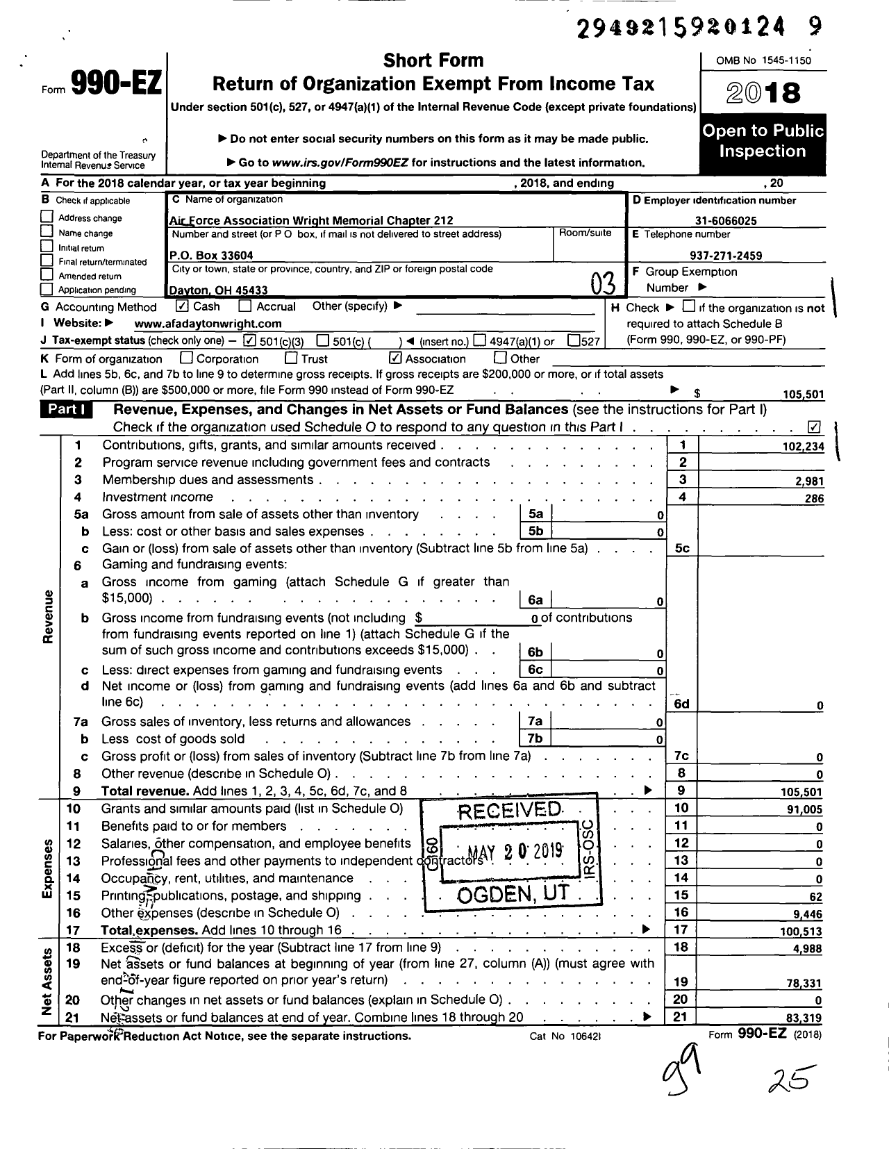 Image of first page of 2018 Form 990EZ for Air Force Association - 212 Af Wright Memorial Chapter