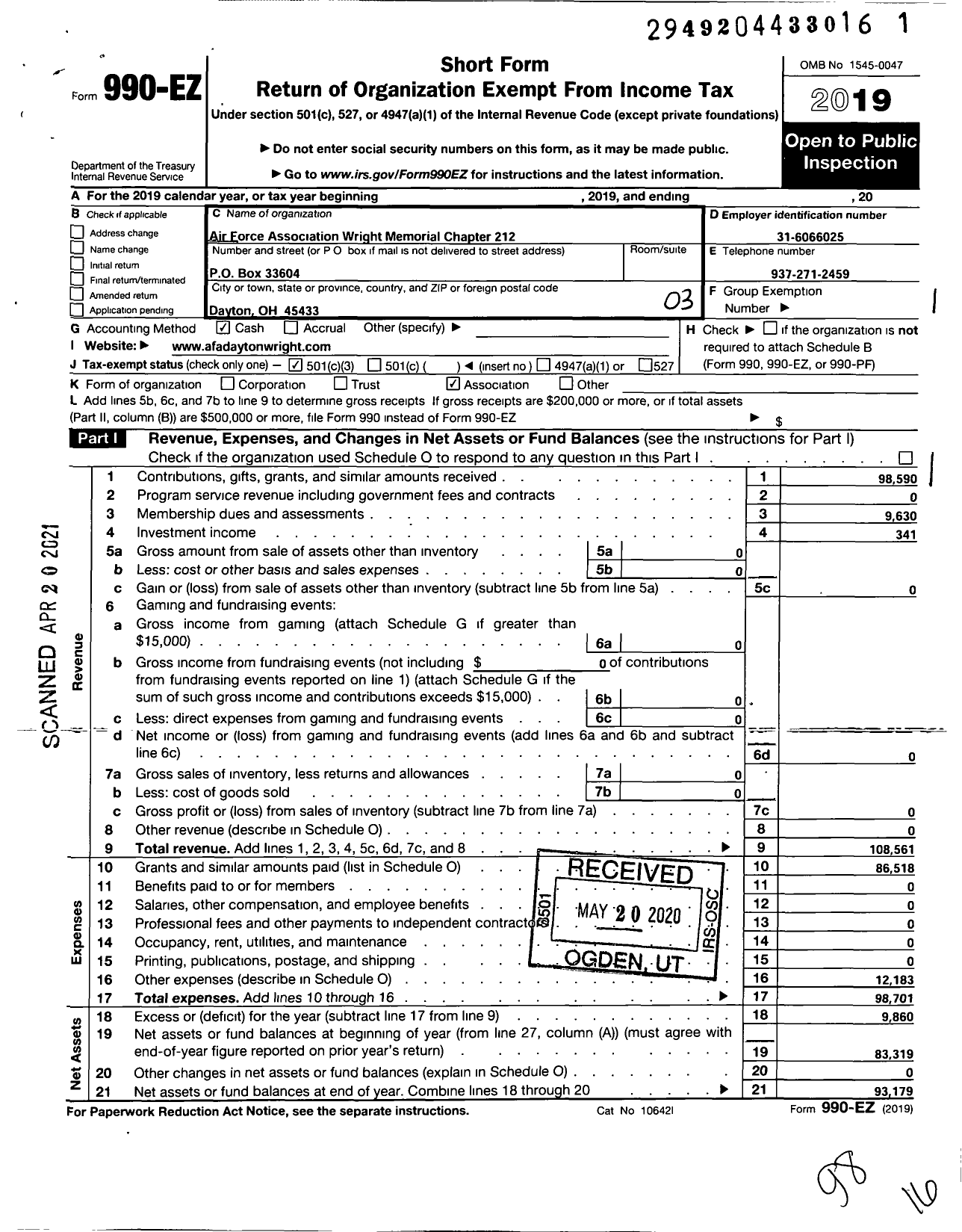 Image of first page of 2019 Form 990EZ for Air Force Association - 212 Af Wright Memorial Chapter