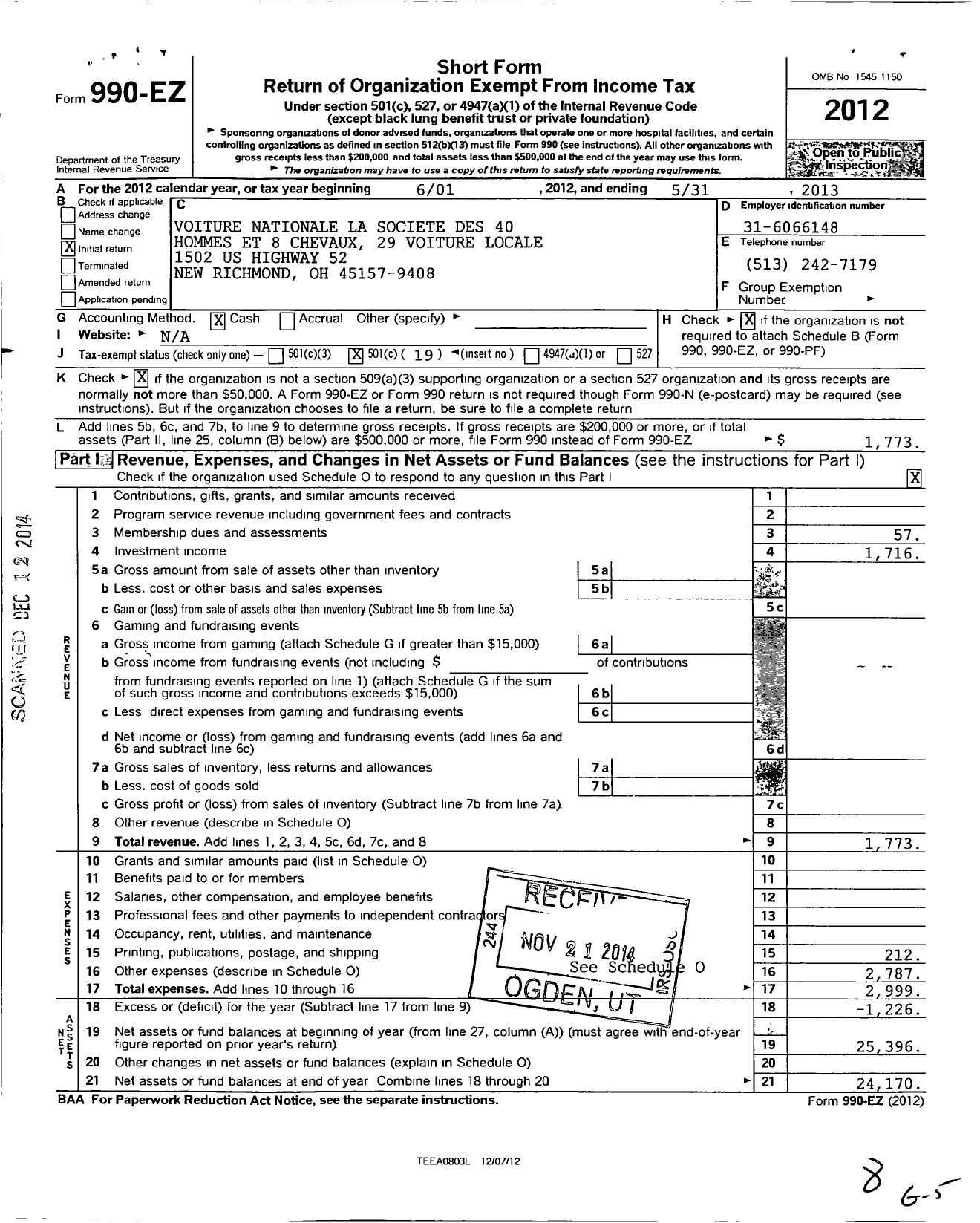 Image of first page of 2012 Form 990EO for The Forty and Eight - 29 Voiture Locale