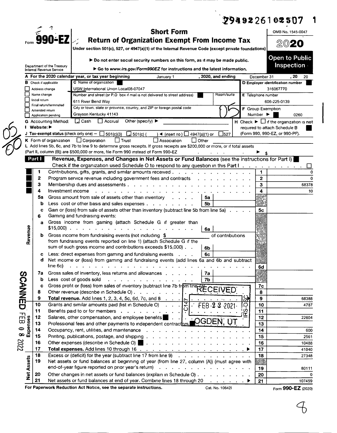 Image of first page of 2020 Form 990EO for United Steelworkers - 7047 Local