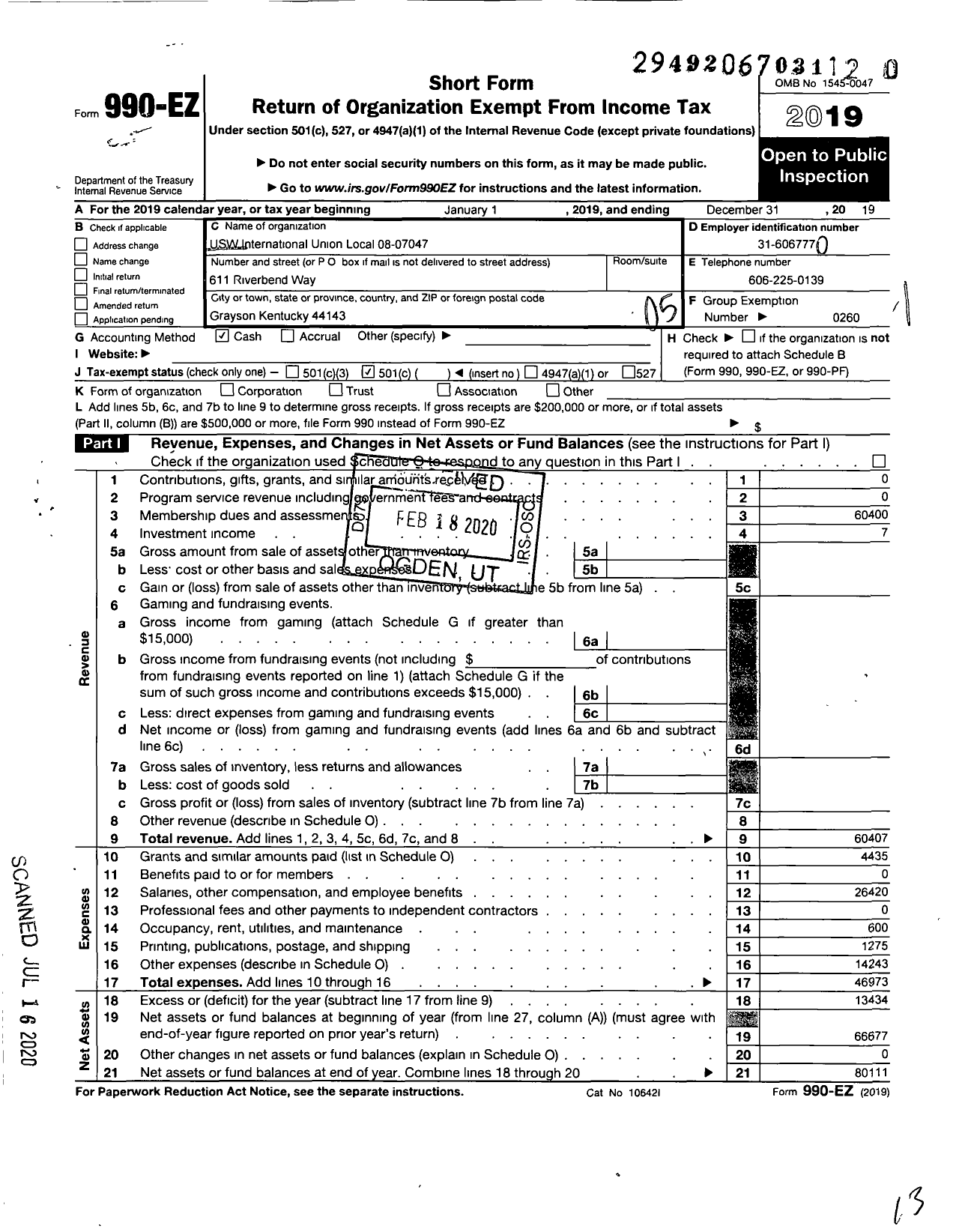 Image of first page of 2019 Form 990EO for United Steelworkers - 7047 Local