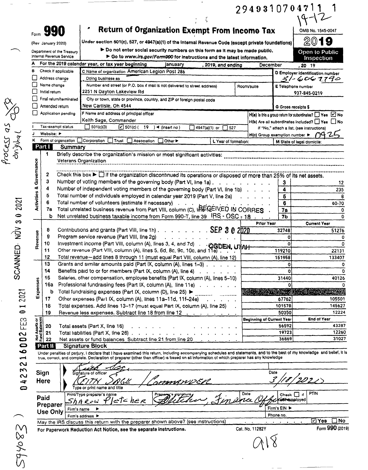 Image of first page of 2019 Form 990O for American Legion - 0286 Post