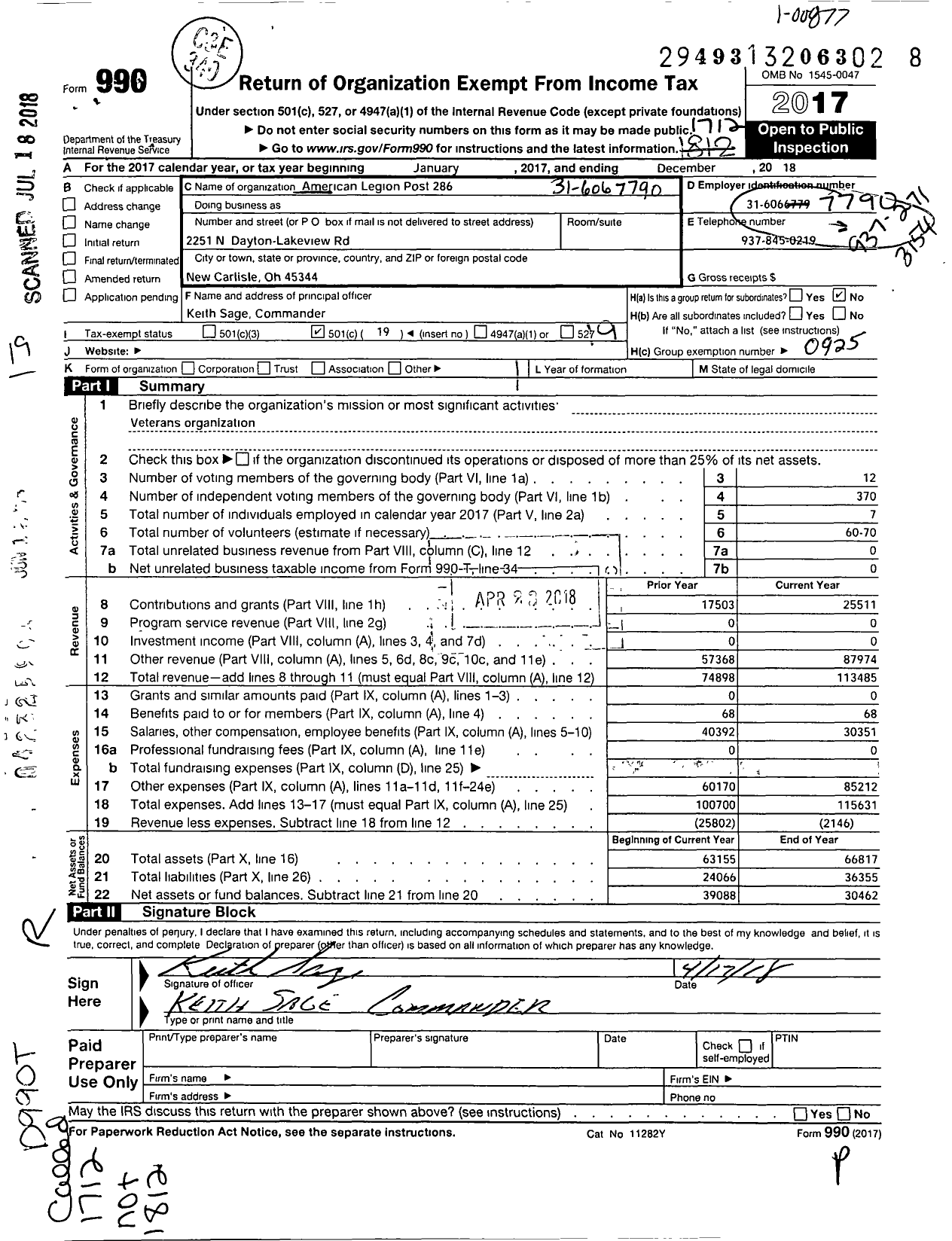 Image of first page of 2017 Form 990O for American Legion - 0286 Post