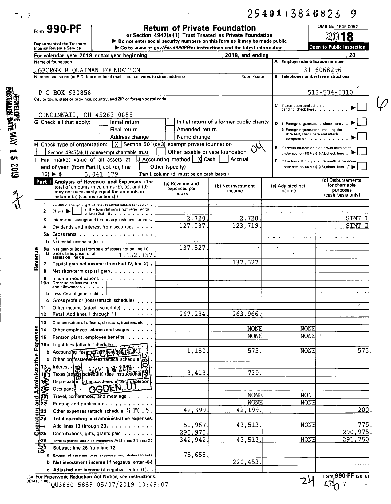 Image of first page of 2018 Form 990PF for George B Quatman Foundation