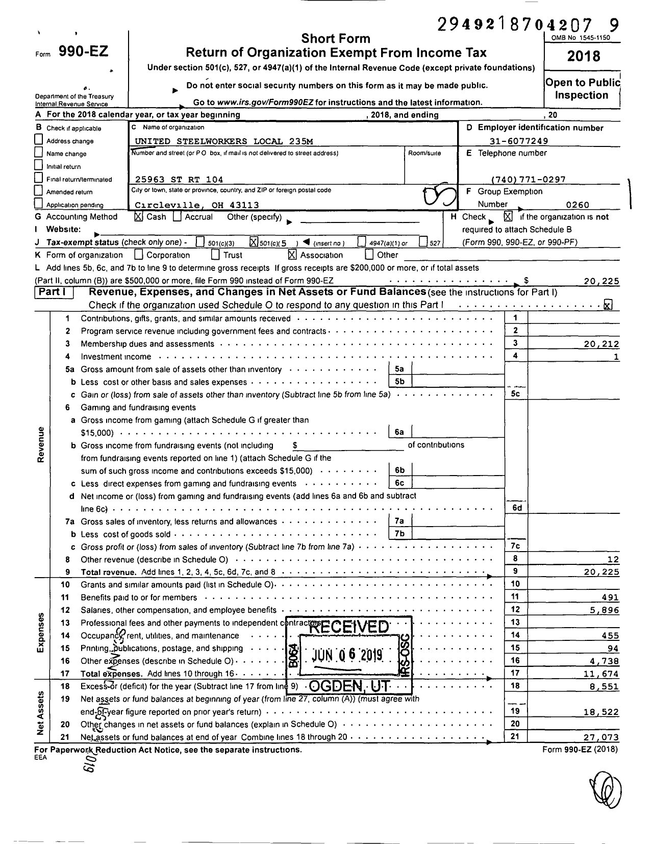 Image of first page of 2018 Form 990EO for United Steelworkers - 00235m Local