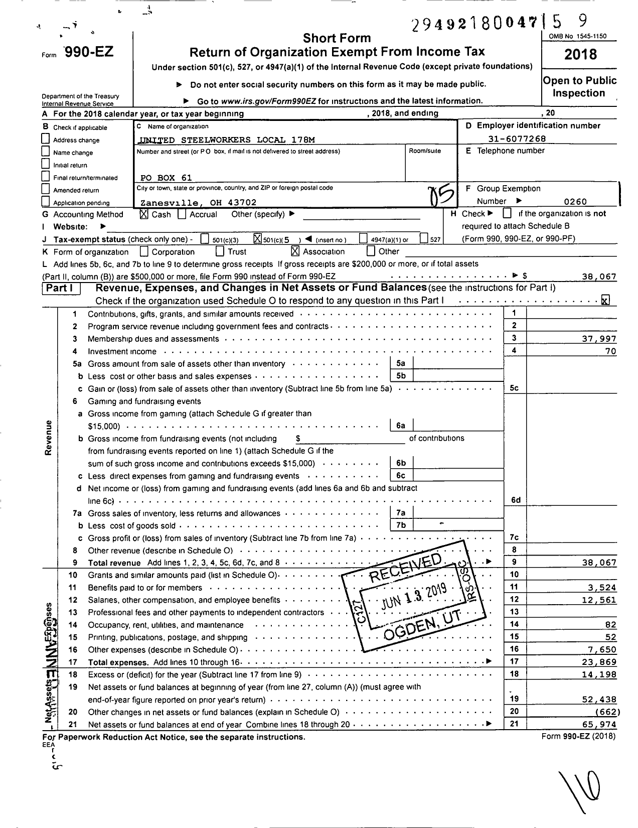 Image of first page of 2018 Form 990EO for United Steelworkers - 00178m Local