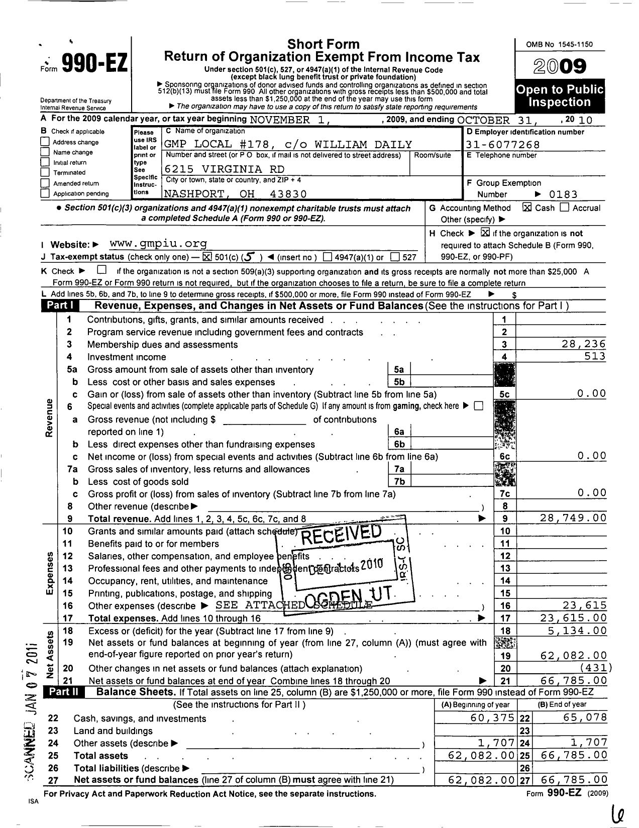 Image of first page of 2009 Form 990EO for United Steelworkers - 00178m Local