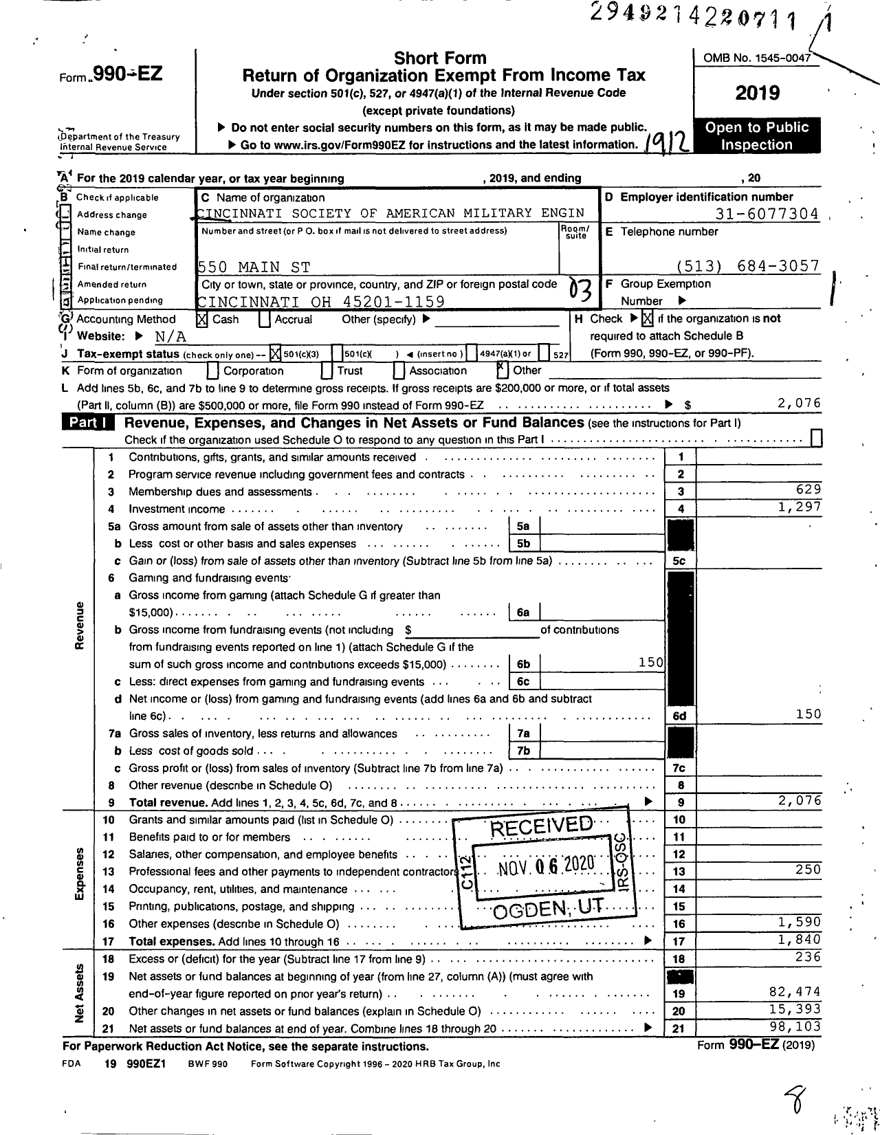 Image of first page of 2019 Form 990EZ for Cincinnati Society of American Military Engineers