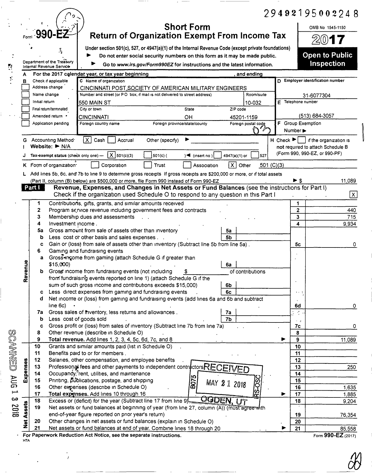 Image of first page of 2017 Form 990EZ for Cincinnati Society of American Military Engineers