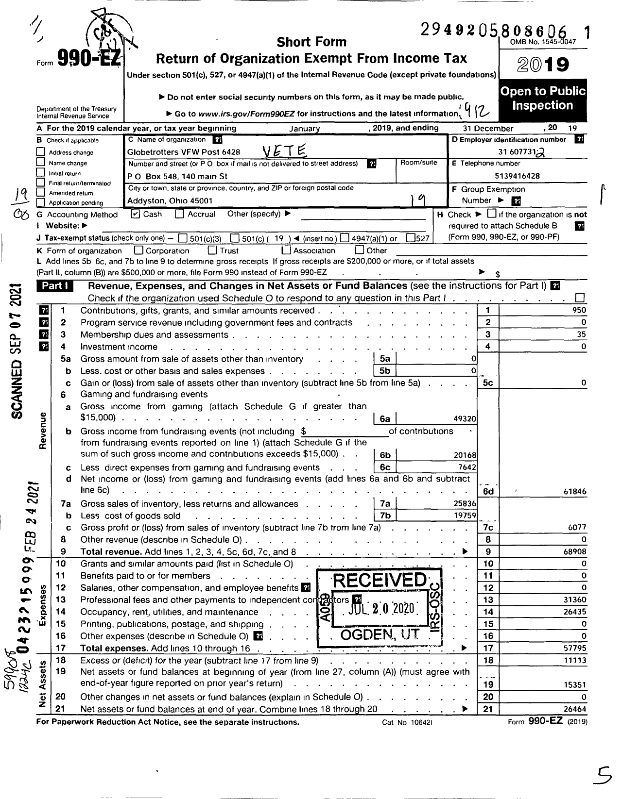 Image of first page of 2019 Form 990EO for Ohio VFW - Veterans of Foreign Wars Post 6428