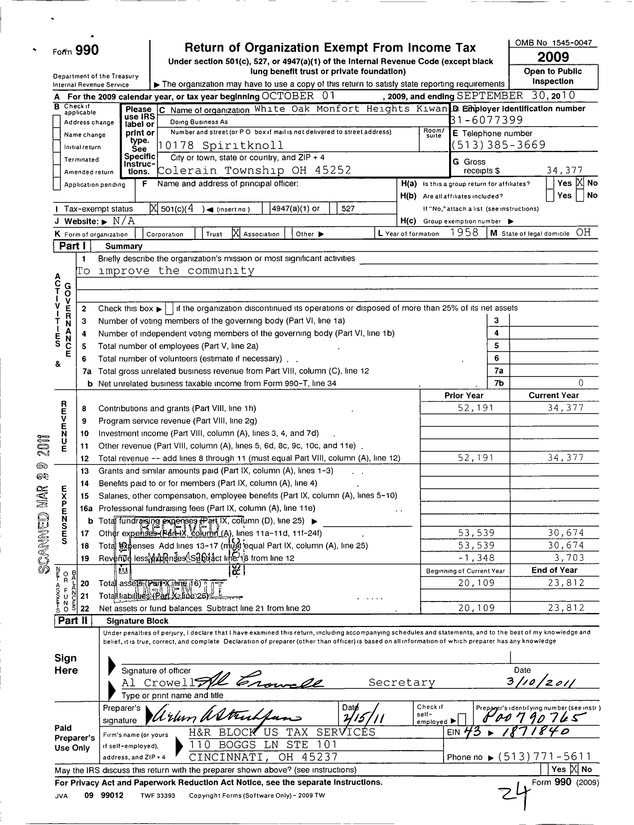 Image of first page of 2009 Form 990O for Kiwanis International - K04461 White Oak-Montford HTS