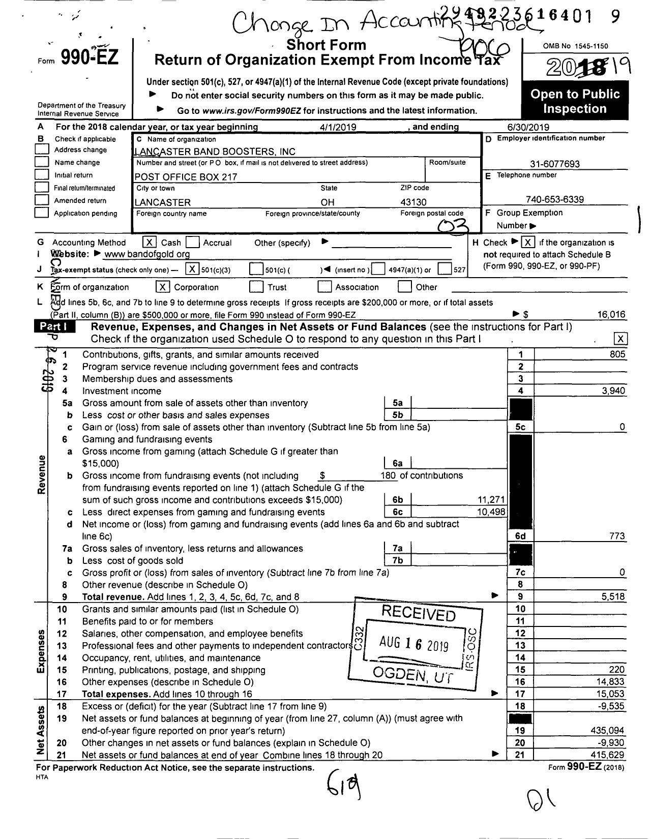 Image of first page of 2018 Form 990EZ for Lancaster Band Boosters