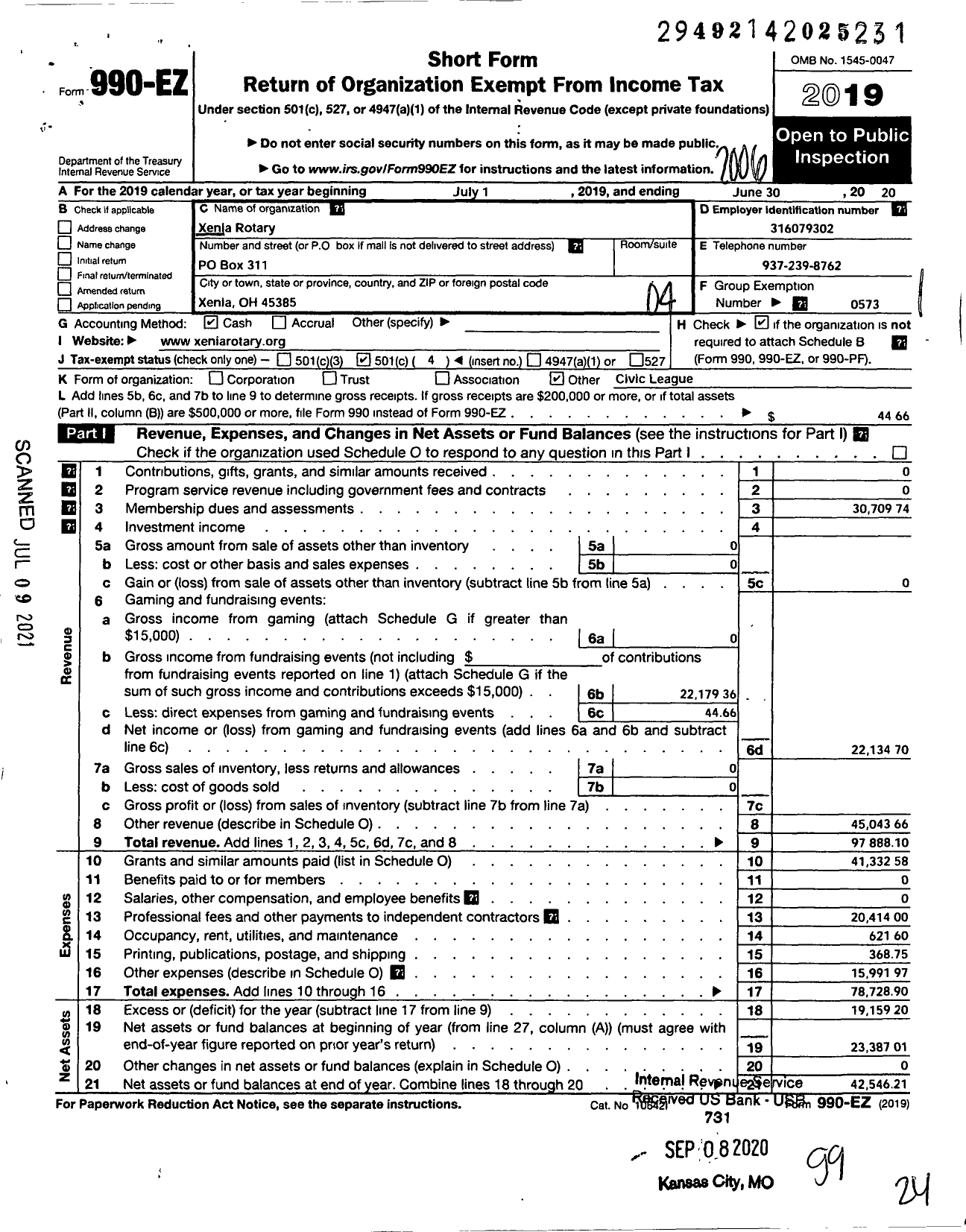 Image of first page of 2019 Form 990EO for Rotary International - Xenia Rotary Club