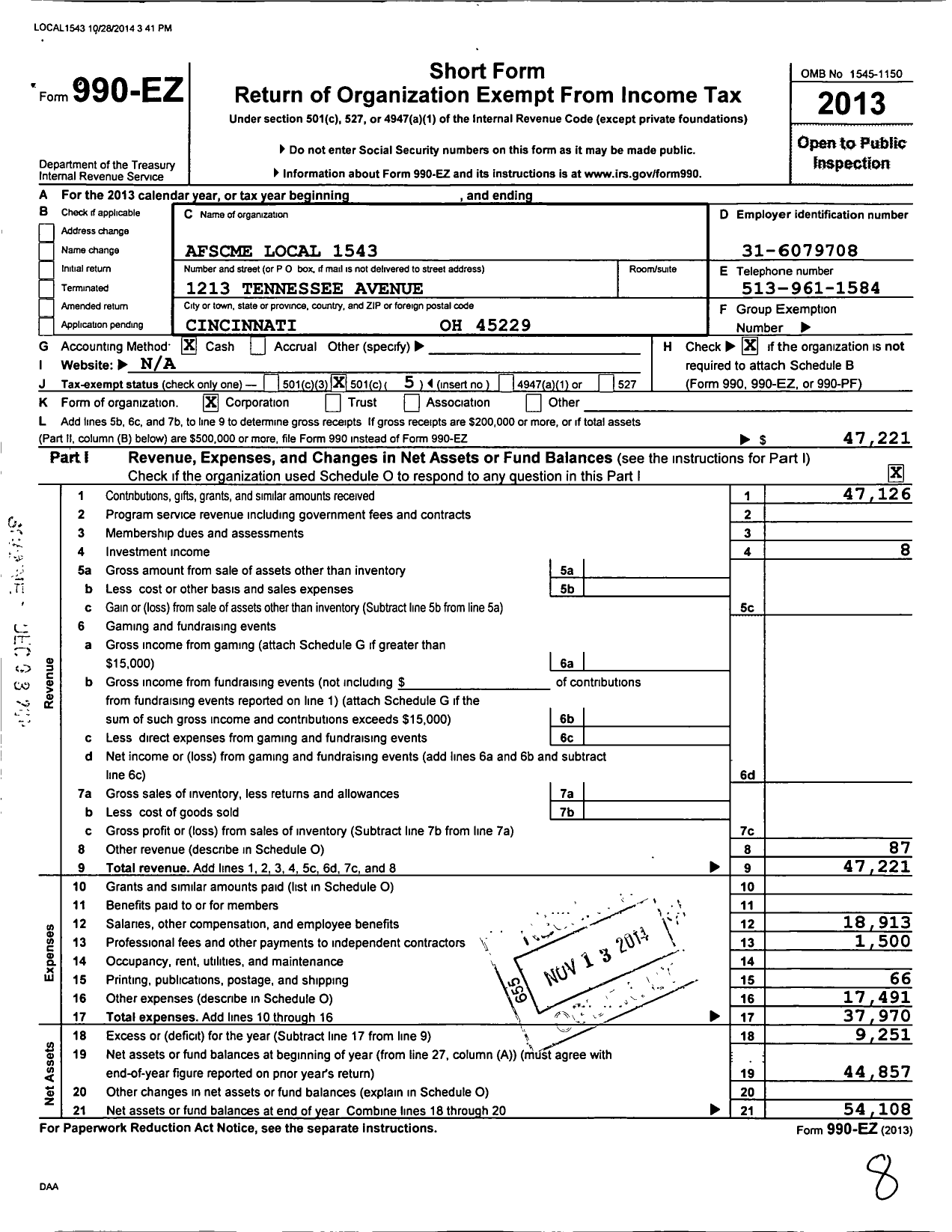 Image of first page of 2013 Form 990EO for American Federation of State County & Municipal Employees - L1543oh Cincinnati Cler Tech Prof