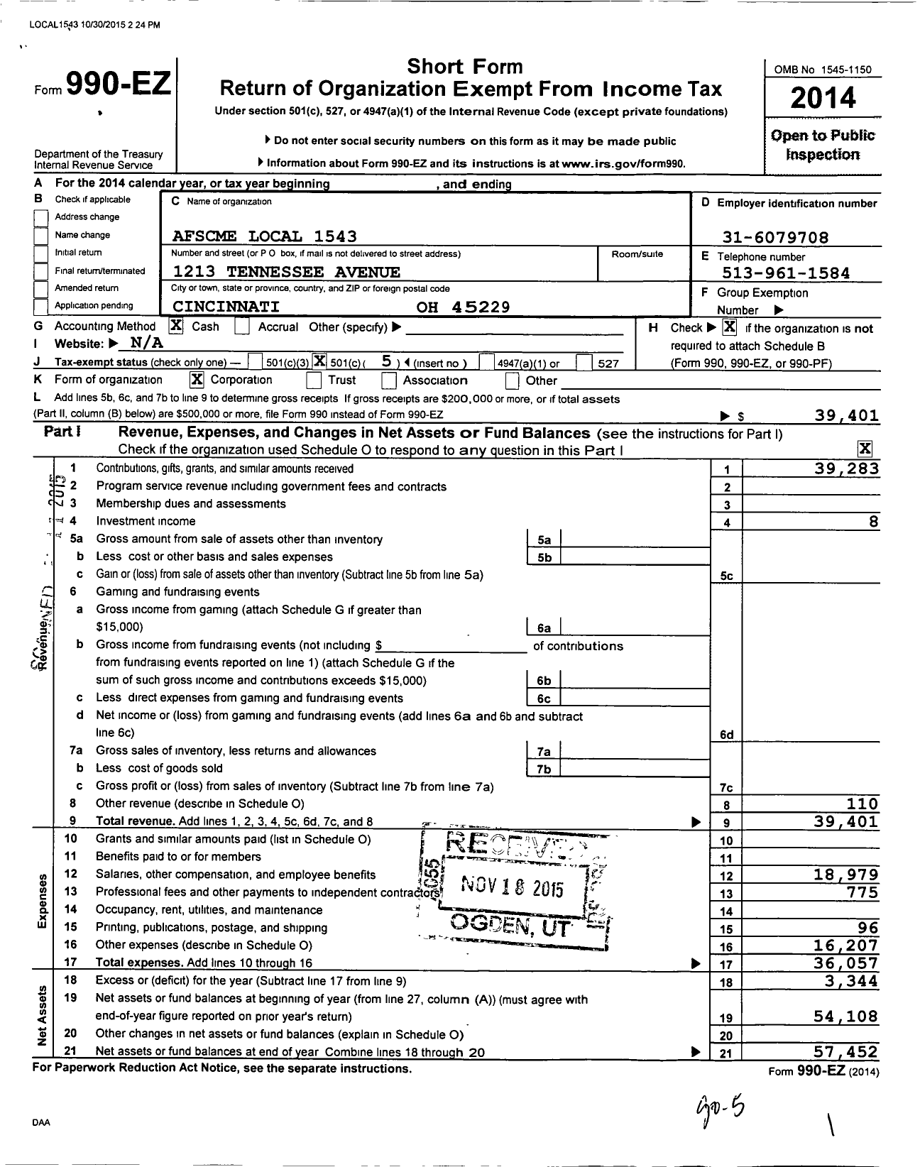 Image of first page of 2014 Form 990EO for American Federation of State County & Municipal Employees - L1543oh Cincinnati Cler Tech Prof