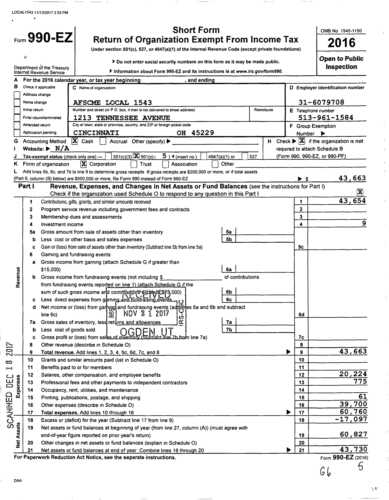 Image of first page of 2016 Form 990EO for American Federation of State County & Municipal Employees - L1543oh Cincinnati Cler Tech Prof