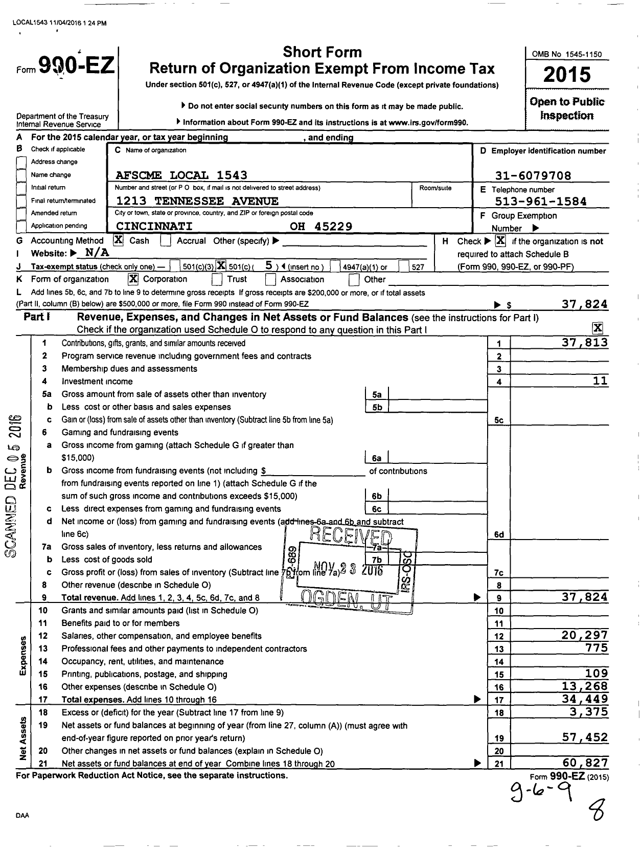 Image of first page of 2015 Form 990EO for American Federation of State County & Municipal Employees - L1543oh Cincinnati Cler Tech Prof