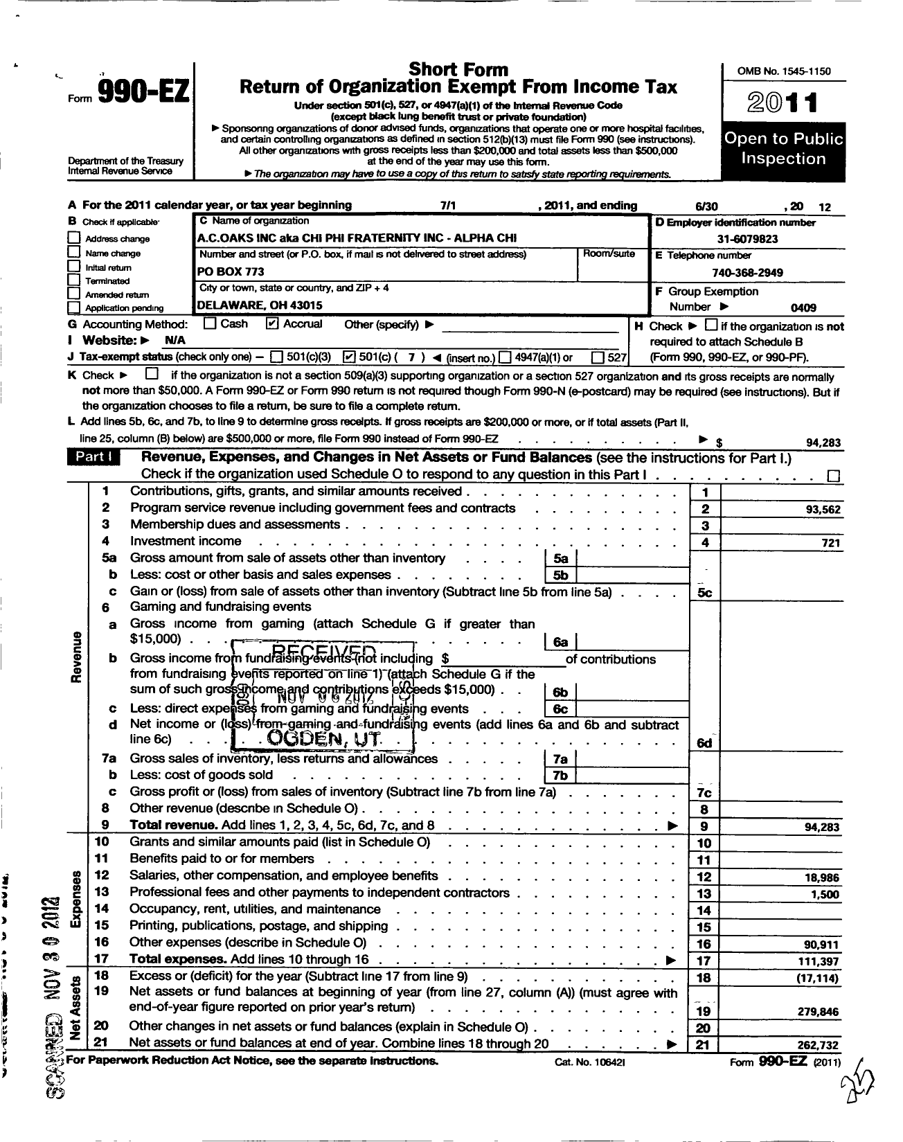 Image of first page of 2011 Form 990EO for Chi Phi Fraternity