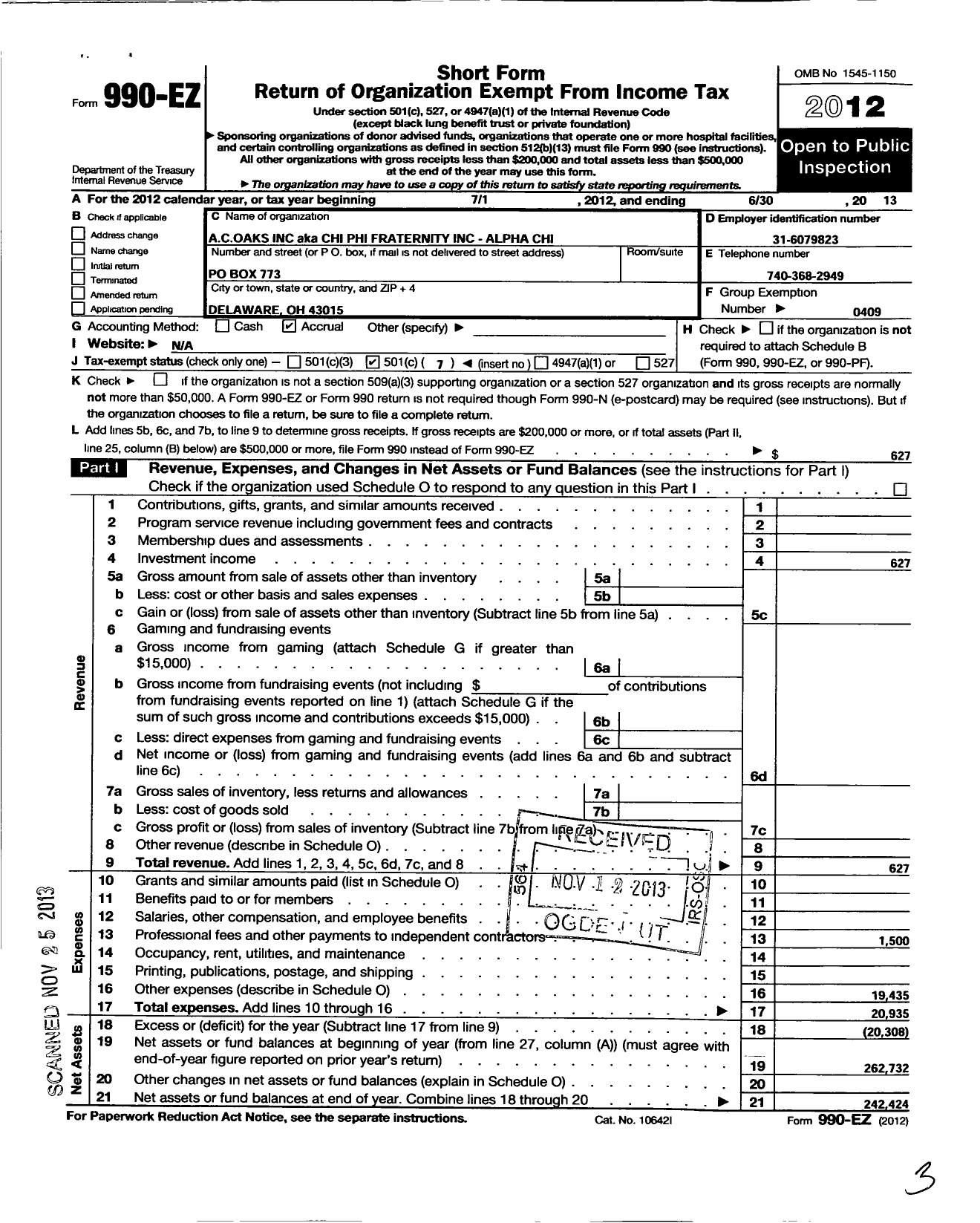 Image of first page of 2012 Form 990EO for Chi Phi Fraternity