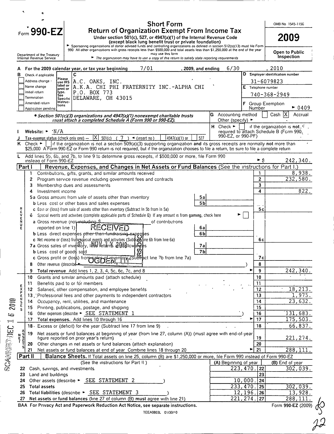 Image of first page of 2009 Form 990EO for Chi Phi Fraternity