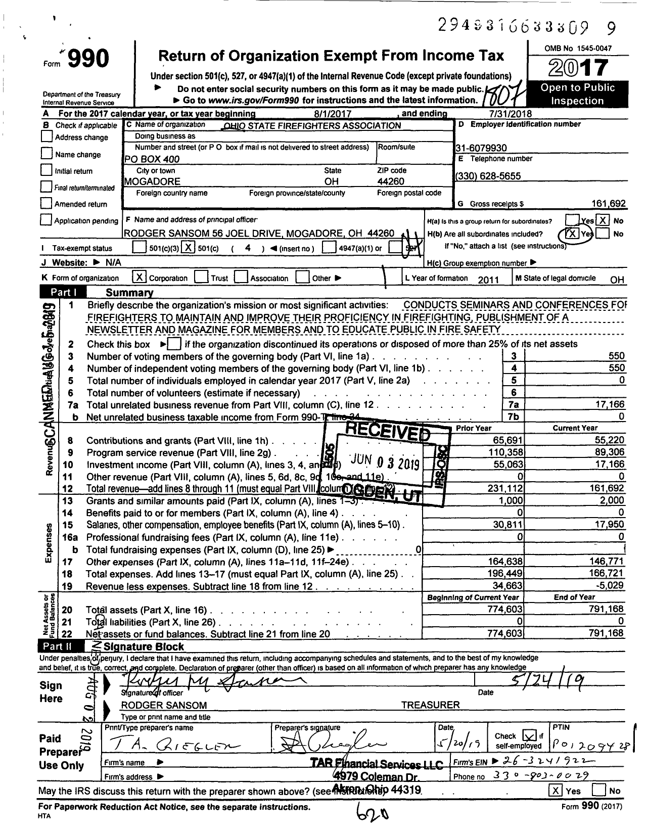 Image of first page of 2017 Form 990O for Ohio State Firefighters Association
