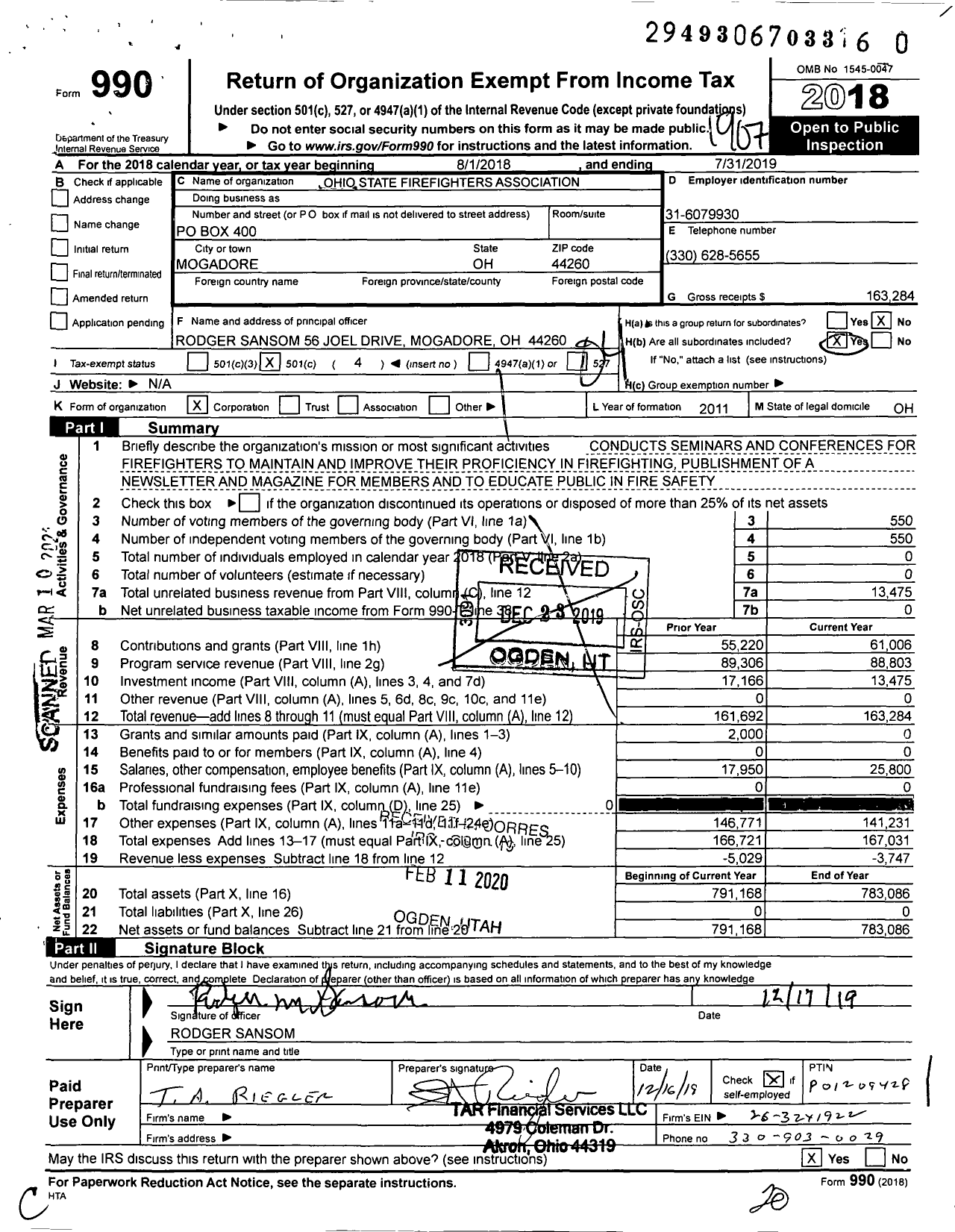 Image of first page of 2018 Form 990O for Ohio State Firefighters Association