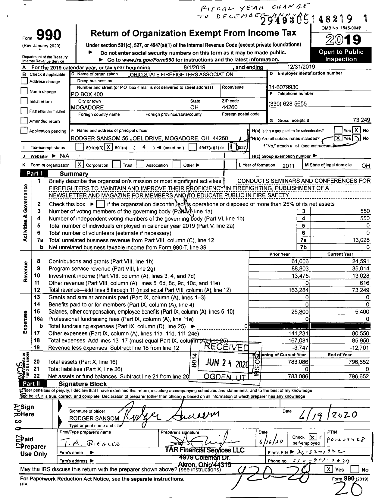 Image of first page of 2019 Form 990O for Ohio State Firefighters Association