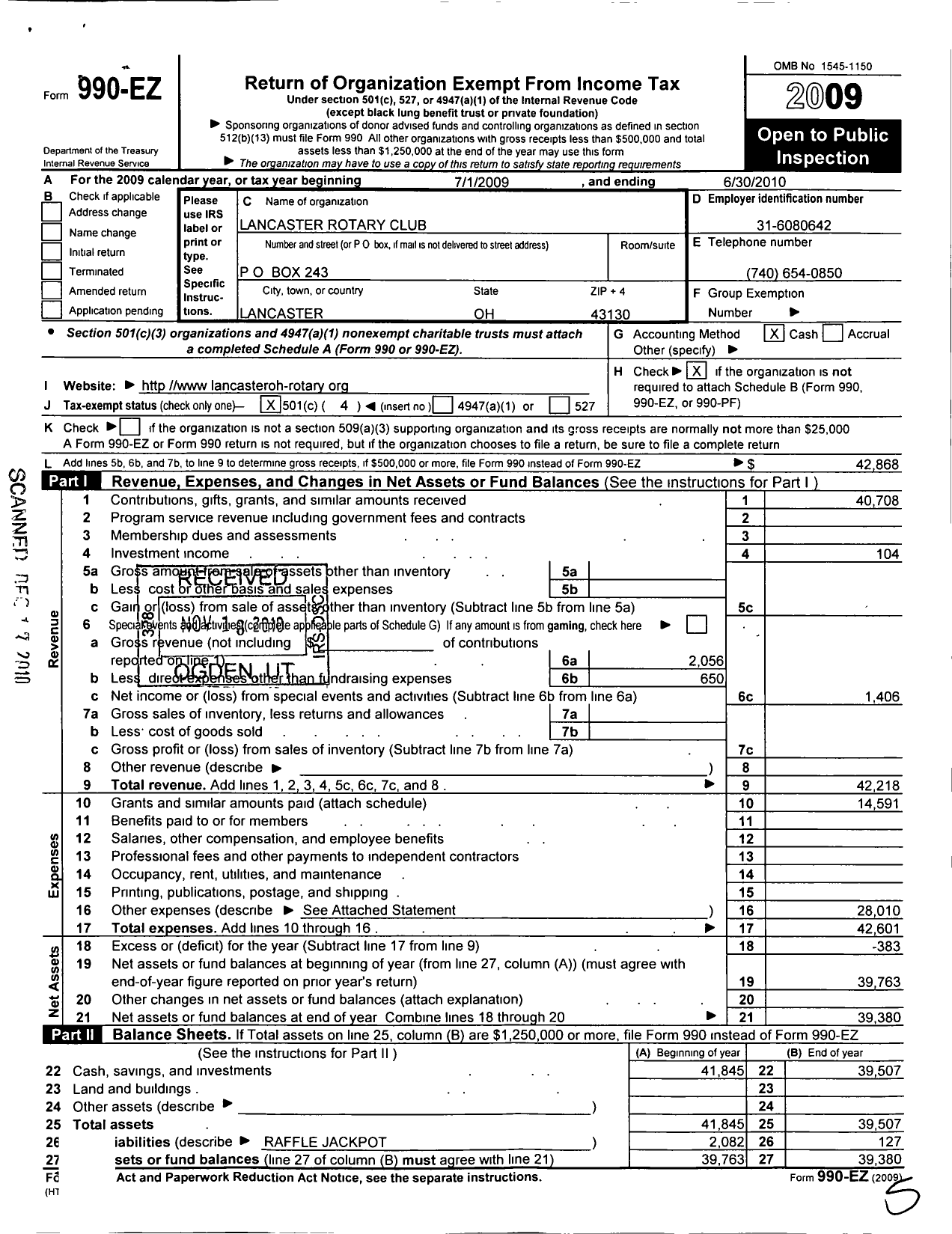 Image of first page of 2009 Form 990EO for Rotary International - Lancaster Rotary Club